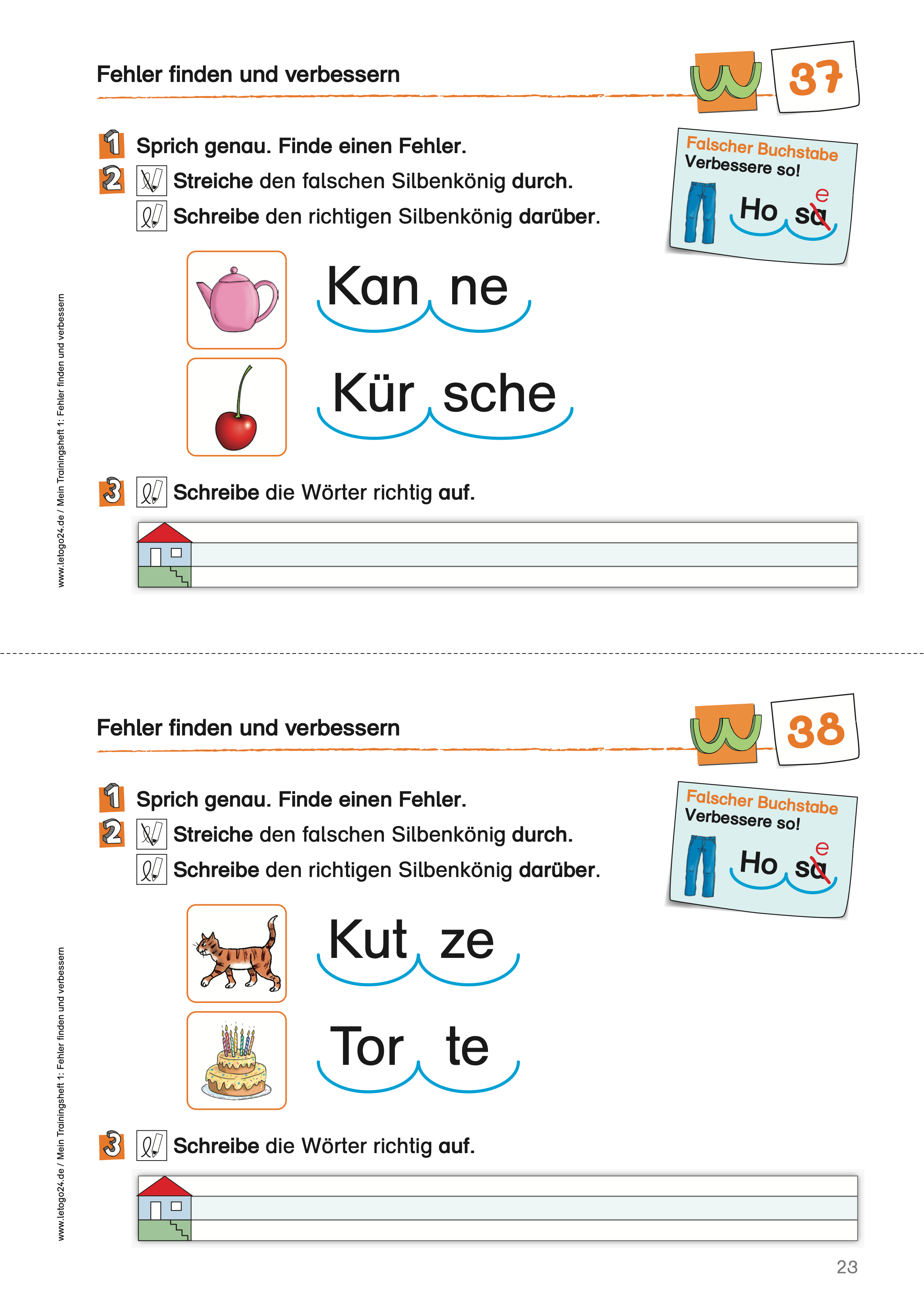 Aufgabenblatt des E-Books für Schreibanfänger: `Mein Trainingsheft 1 - Fehler finden und verbessern` mit zweisilbigen Wörtern in Silbenbögen. Die Kinder sollen jeweils einen Fehler in einer Silbe finden, verbessern und aufschreiben.
