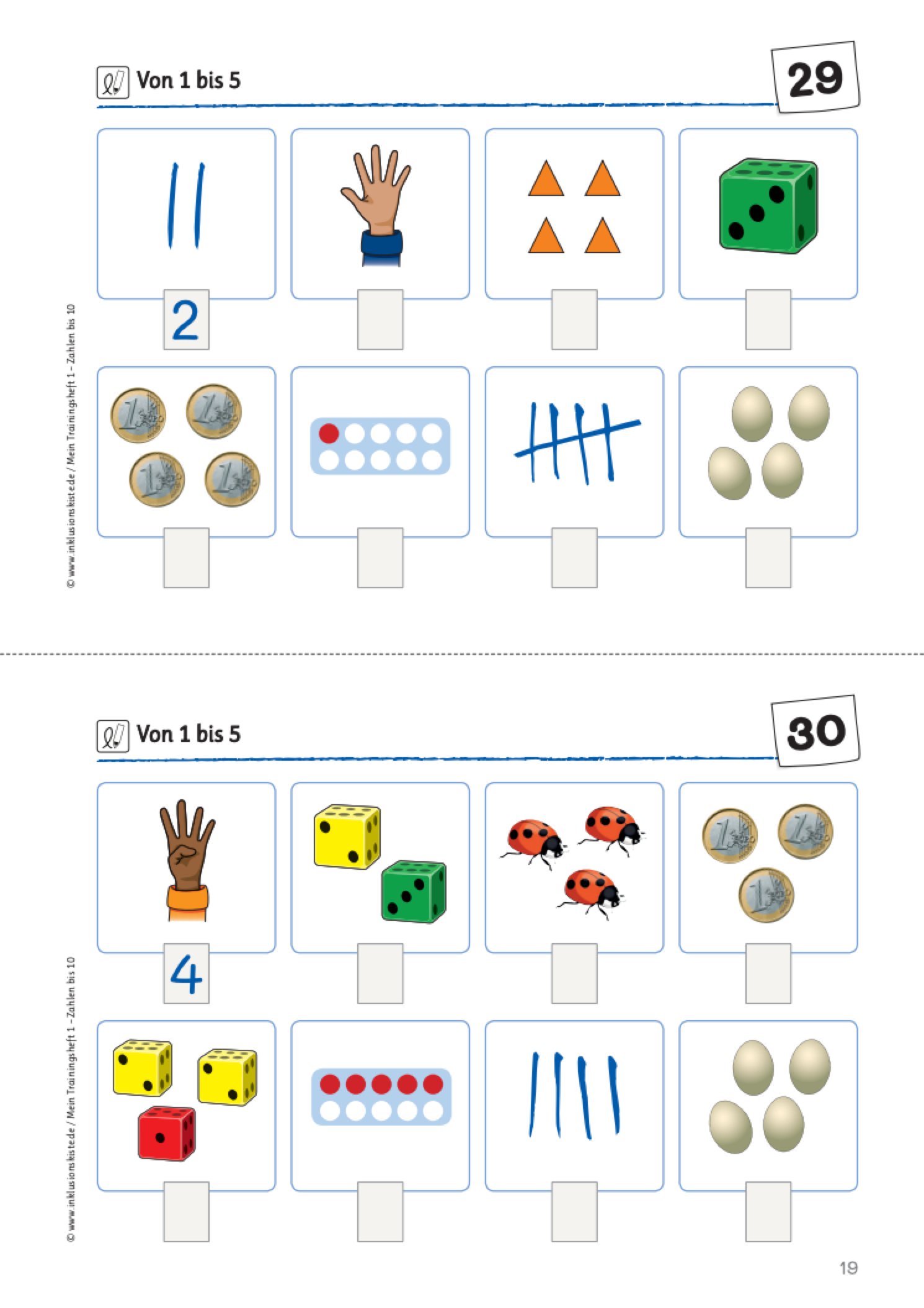 Zweiteiliges Arbeitsblatt mit verschiedenen Darstellungen der Zahlen 1 bis 5: Fingerbilder, Würfelbilder, Punktefelder, Strichlisten, Euromünzen, Eier und Tiere. Kinder sollen die passenden Mengen erkennen und mit der richtigen Zahl verbinden. Titel: ‚Von 1 bis 5‘ – für den frühen Mathematikunterricht mit Fokus auf Zahlerfassung durch vielfältige Darstellungen.