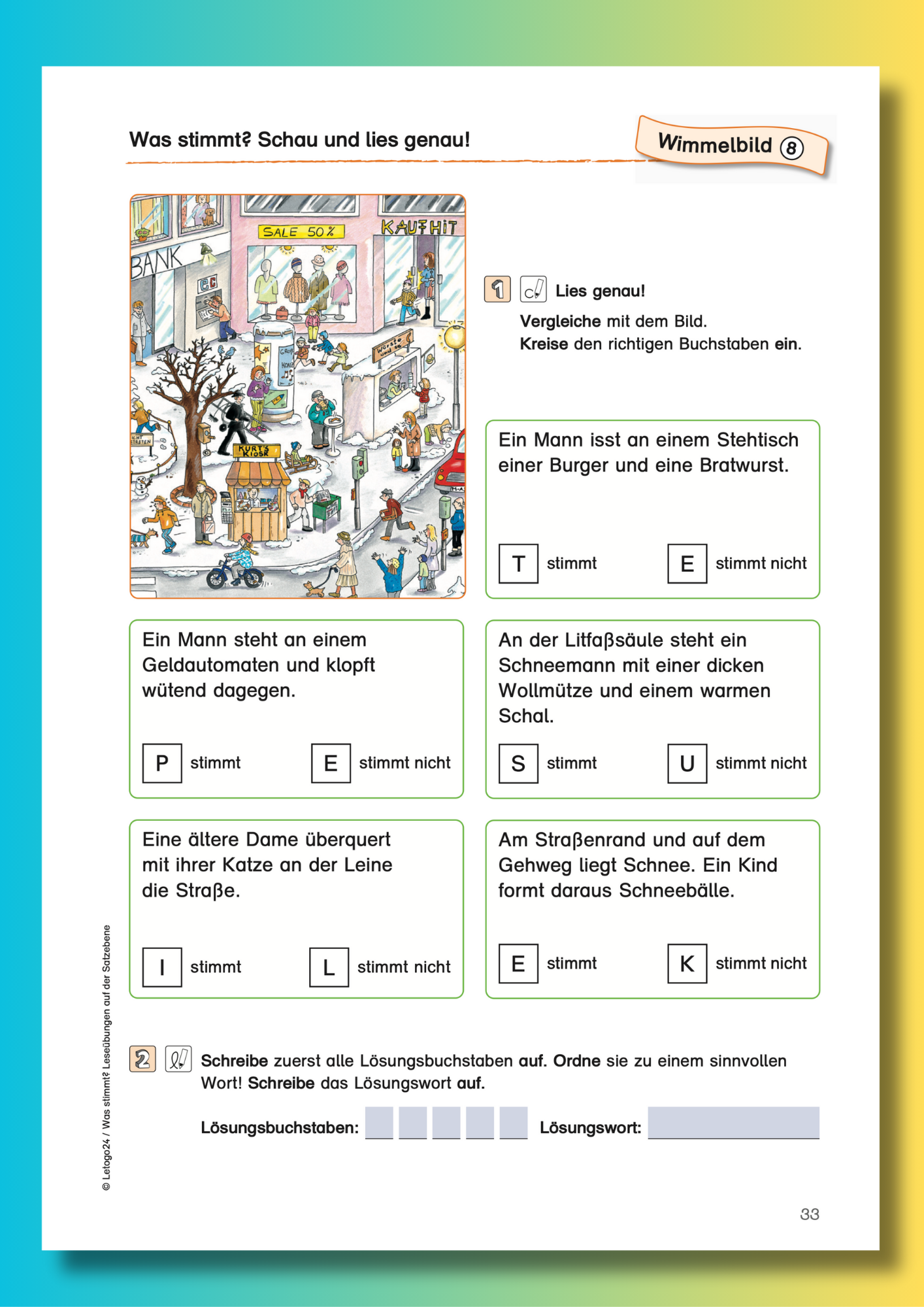 Detailreiche Winter-Wimmelbild-Illustration mit urbaner Straßenszene: Menschen essen, bauen Schneebälle, führen Tiere aus. Ideal für Deutschunterricht in der Grundschule – fördert genaues Lesen und visuelle Textanalyse. Perfekt als motivierendes Arbeitsblatt oder interaktive Übung für die Adventszeit.