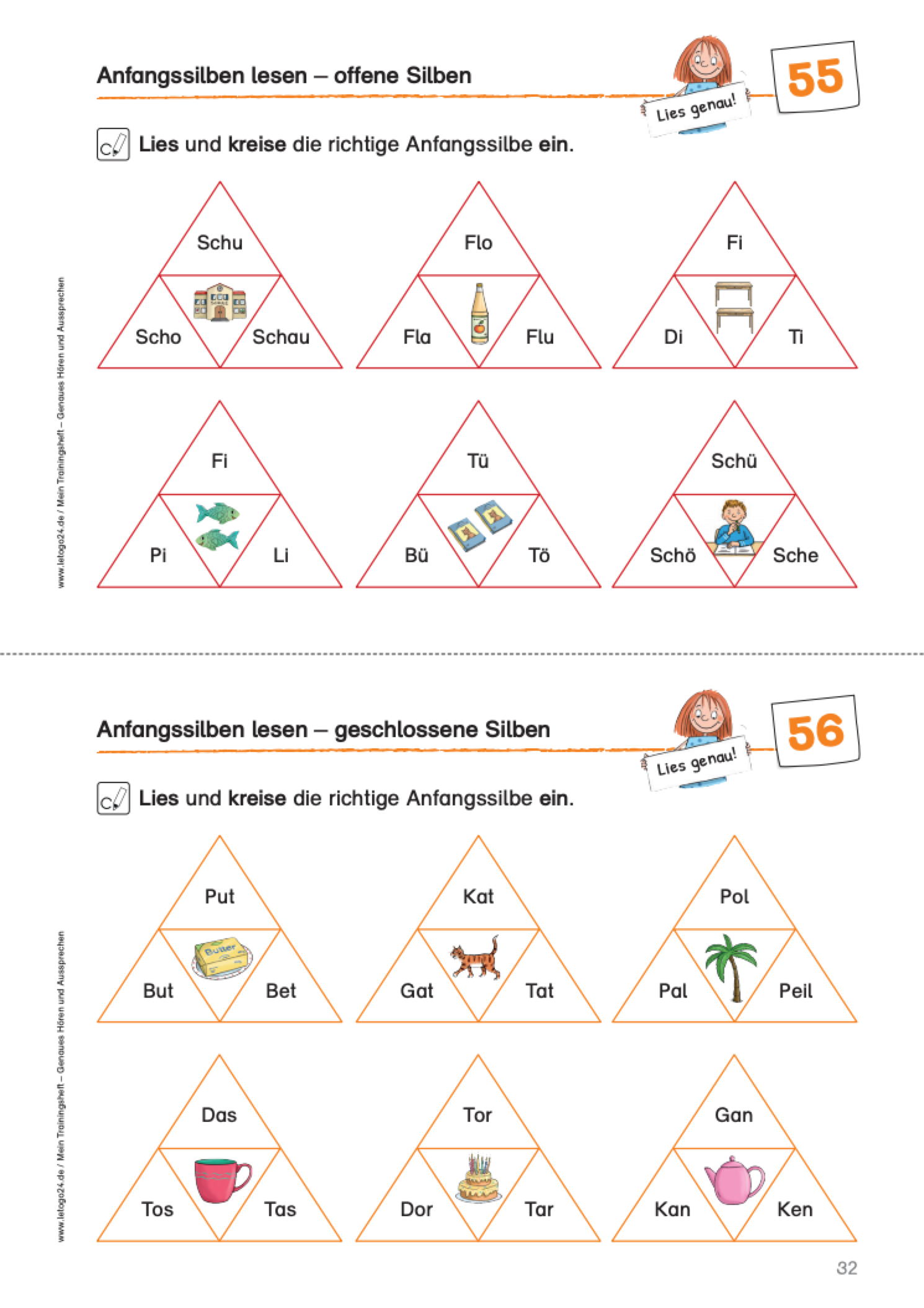 Arbeitsblatt des E-Books: `Mein Trainingsheft: Genaues Hören und Aussprechen` mit Übungen zu offenen Silben