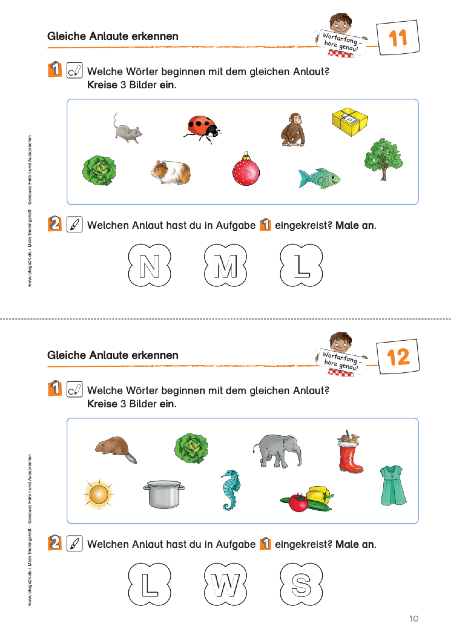 Arbeitsblatt des E-Books: `Mein Trainingsheft: Genaues Hören und Aussprechen` mit Übungen zum Erkennen gleicher Laute