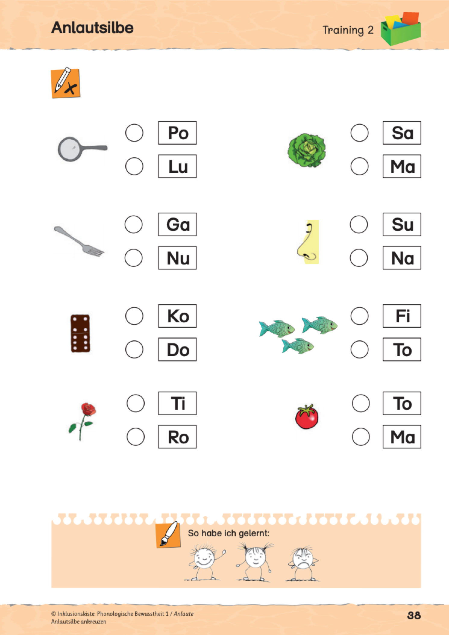 Lernmaterial für Grundschüler mit Anlautsilben aus dem Materialpaket: "Phonologische Bewusstheit``. Zu sehen sind acht Grafiken neben denen jeweils zwei Anlautsilben stehen.