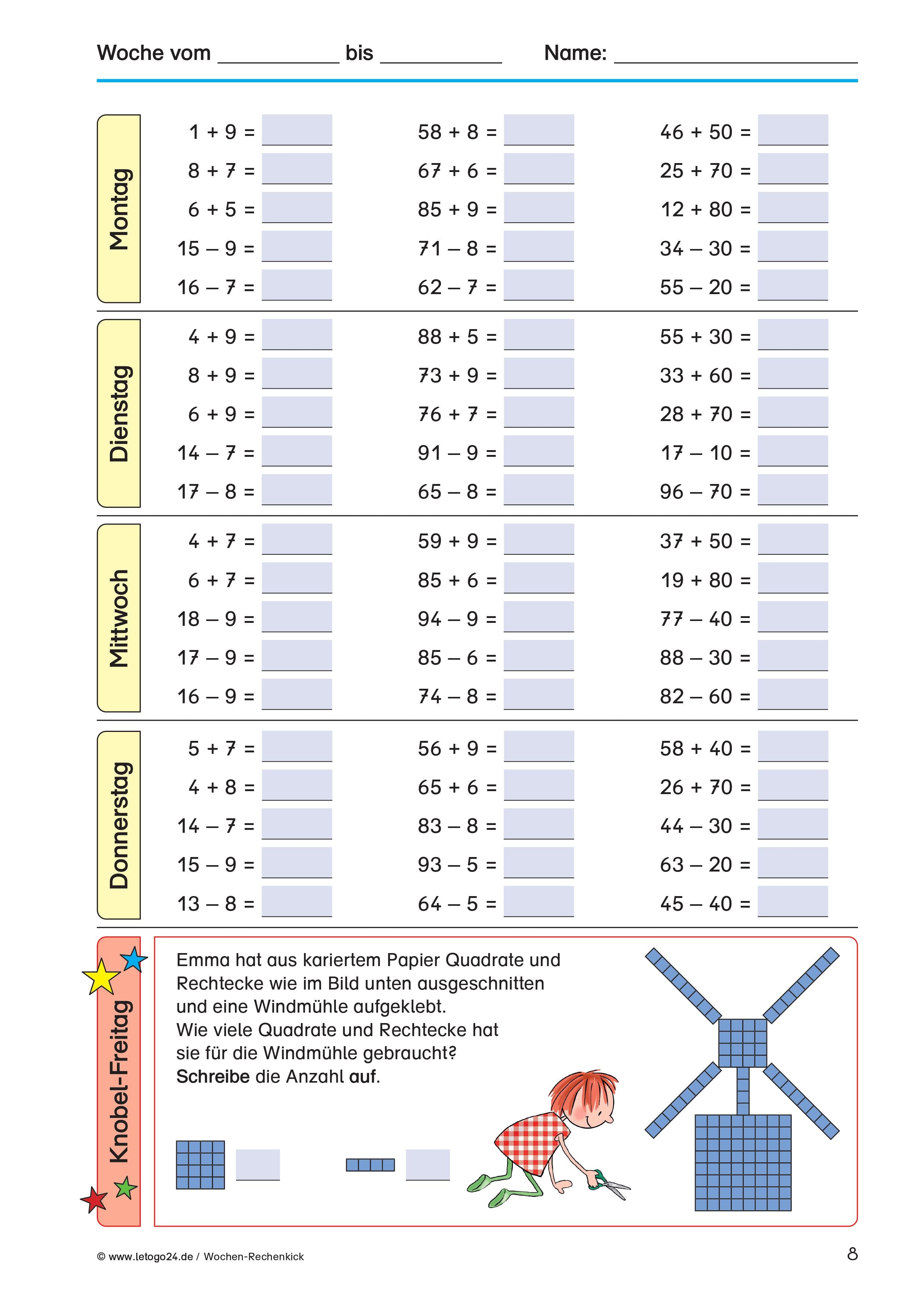 Arbeitsblatt für Grundschüler mit Aufgaben zum Kopfrechentraining aus dem E-Book: `Wochen-Rechenkick`