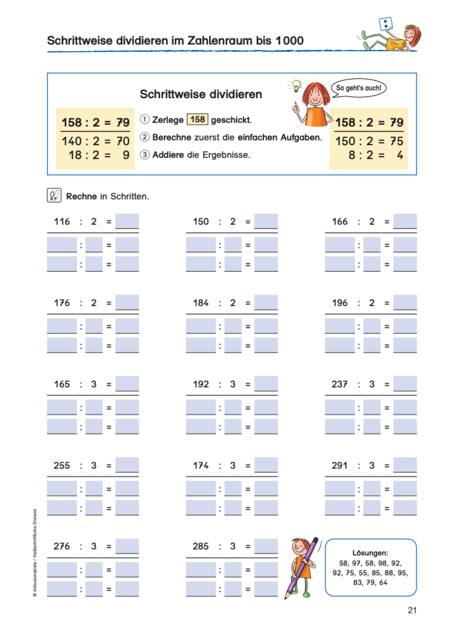 Arbeitsblatt für Drittklässler mit Divisionsaufgaben zum schrittweisen Dividieren im Zahlenraum bis 1000