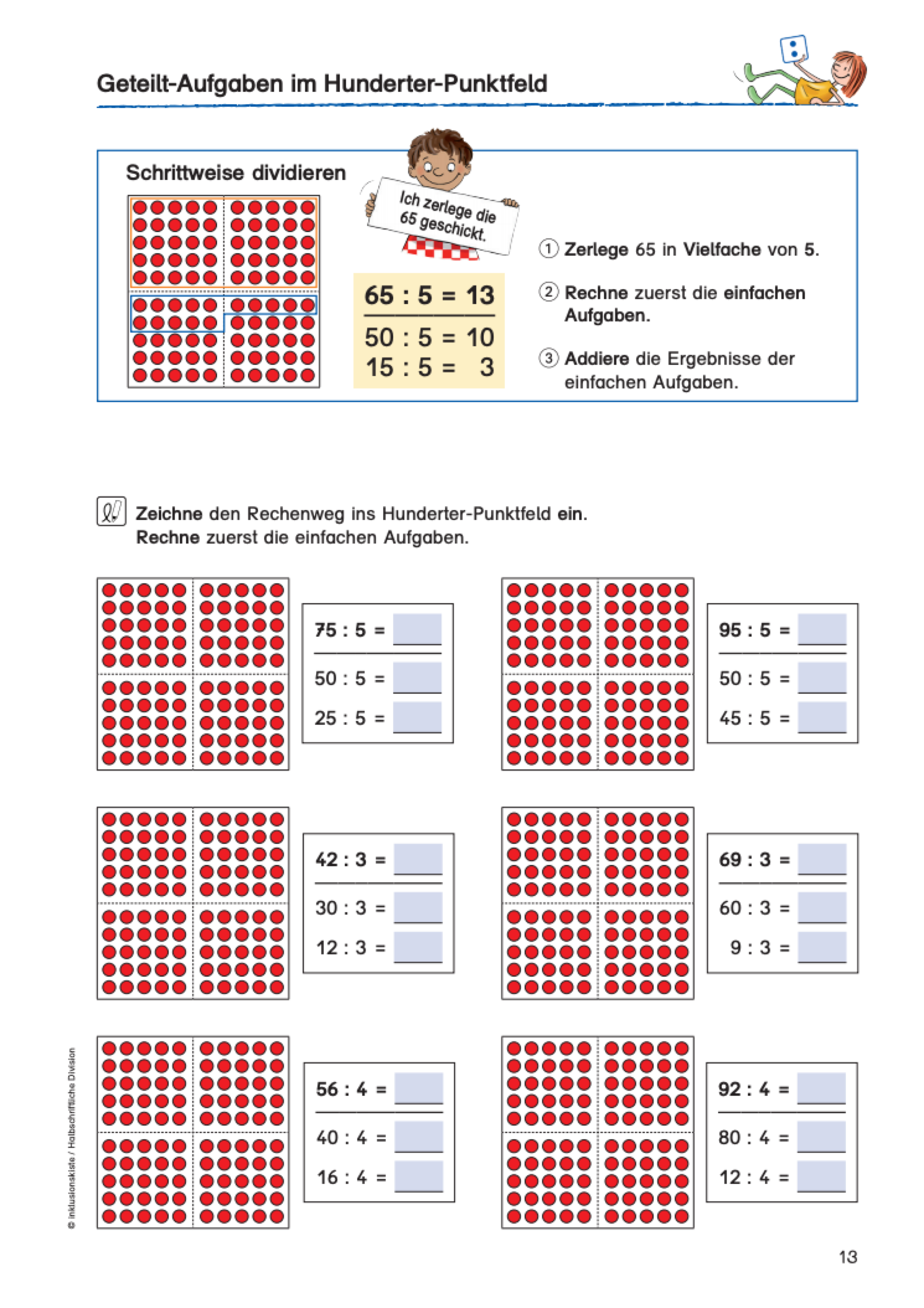 Arbeitsblatt für Drittklässler mit Geteiltaufgaben im Hunderter-Punktfeld