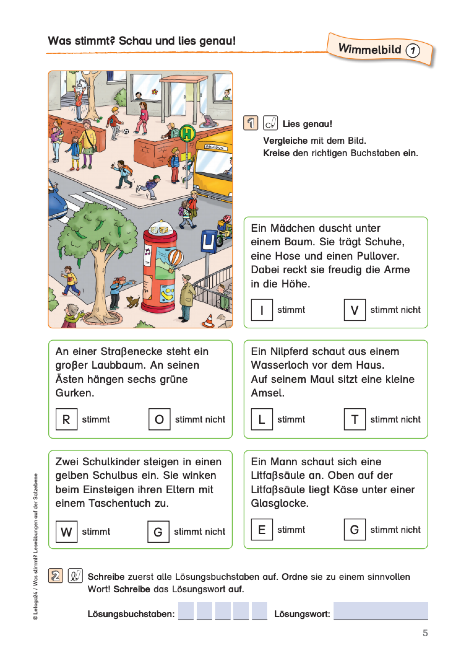 Kostenloses Aufgabenblatt mit Übungen zum Leseverständnis aus dem E-Book für Grundschüler:innen: `Was stimmt?`– mit einem Wimmelbild und kurzen Lesetexten zum Bild. Die Kinder überprüfen anhand des Bildes die Satzaussage und kreuzen `stimmt oder stimmt nicht´ an.