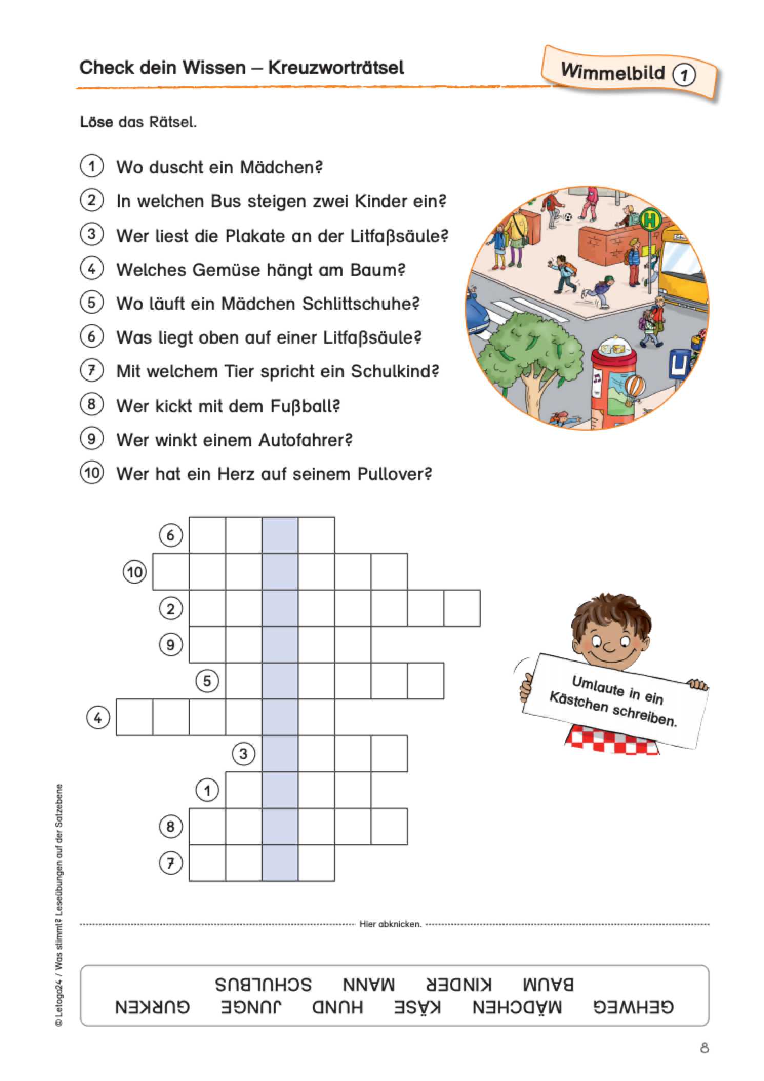 Arbeitsblatt mit Rätselfragen zur Lösung des Kreuzworträtsels und zur Überprüfung des Leseverständnisses