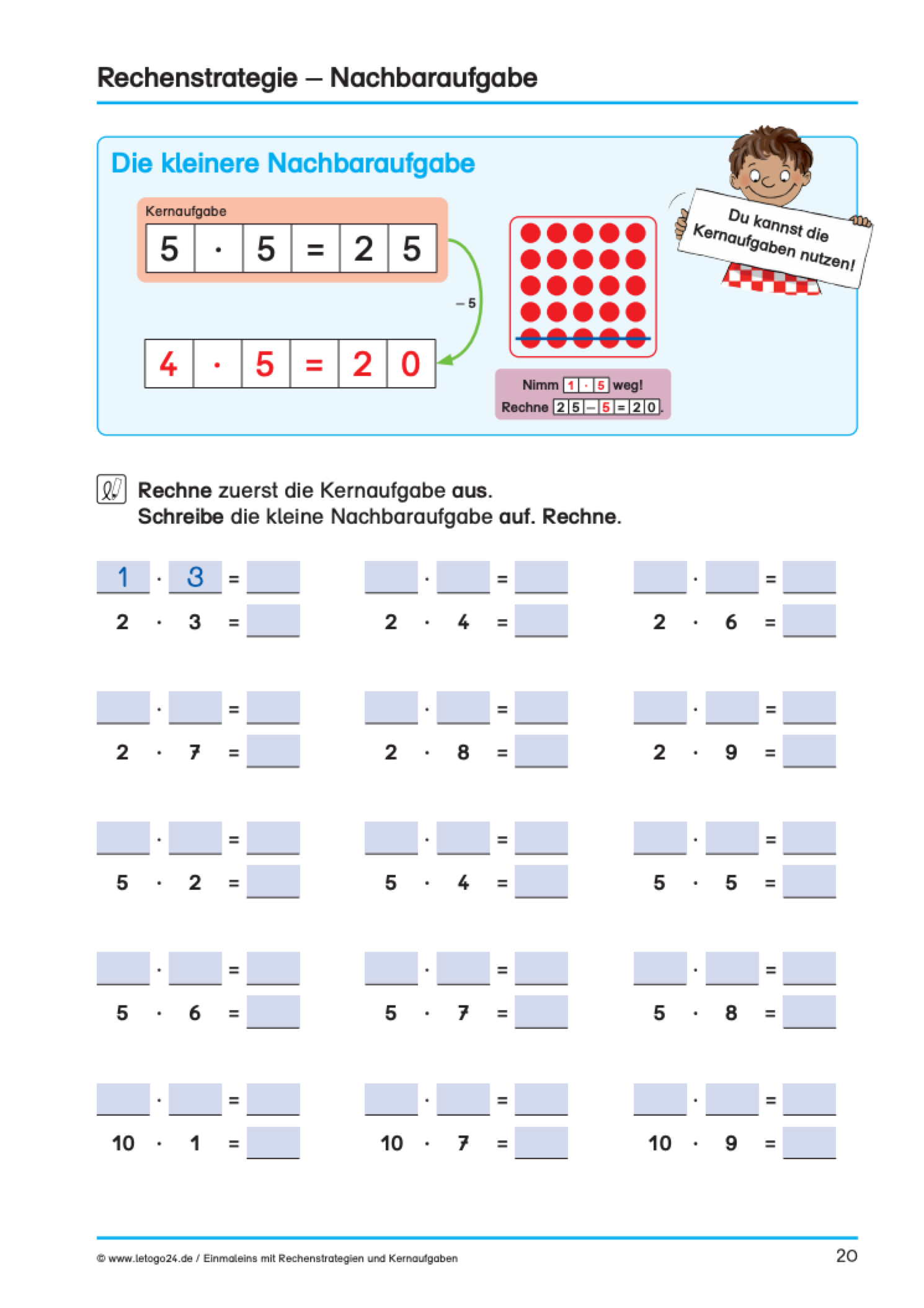 Arbeitsblatt mit Nachbaraufgaben des kleinen Einmaleins aus dem E-Book: `Einmaleins mit Rechenstrategien und Kernaufgaben`. Im oberen Teil befindet sich eine visualisierte Nachbaraufgabe mithilfe eines Punktfeldes.