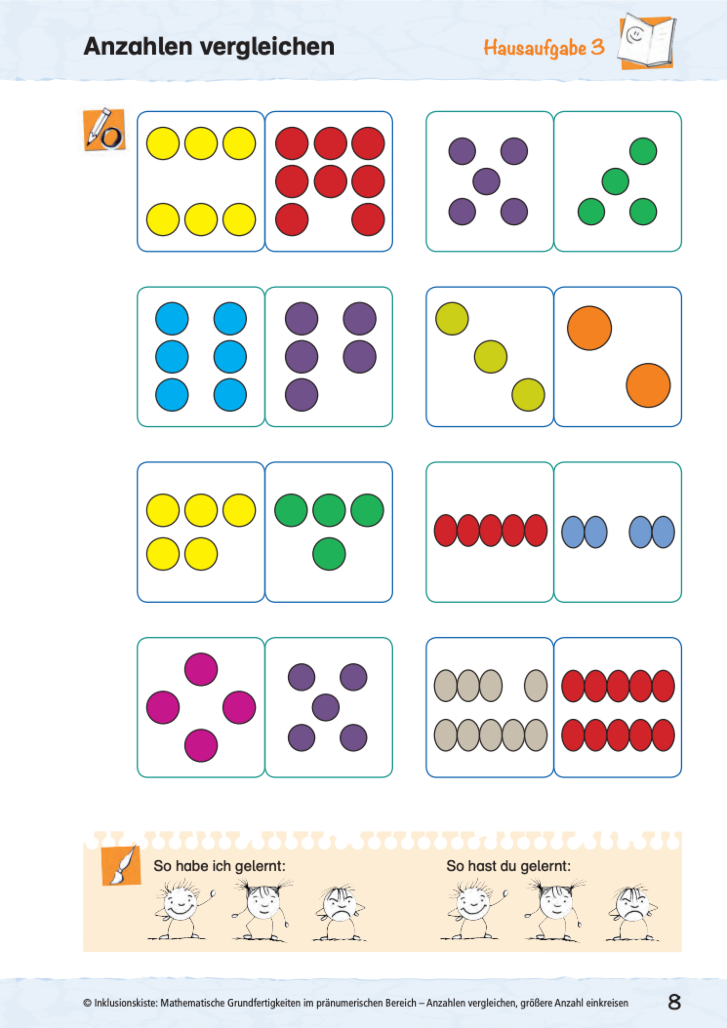 Arbeitsblatt für Grundschüler mit farbigen Punktbildern zum Mengenvergleich
