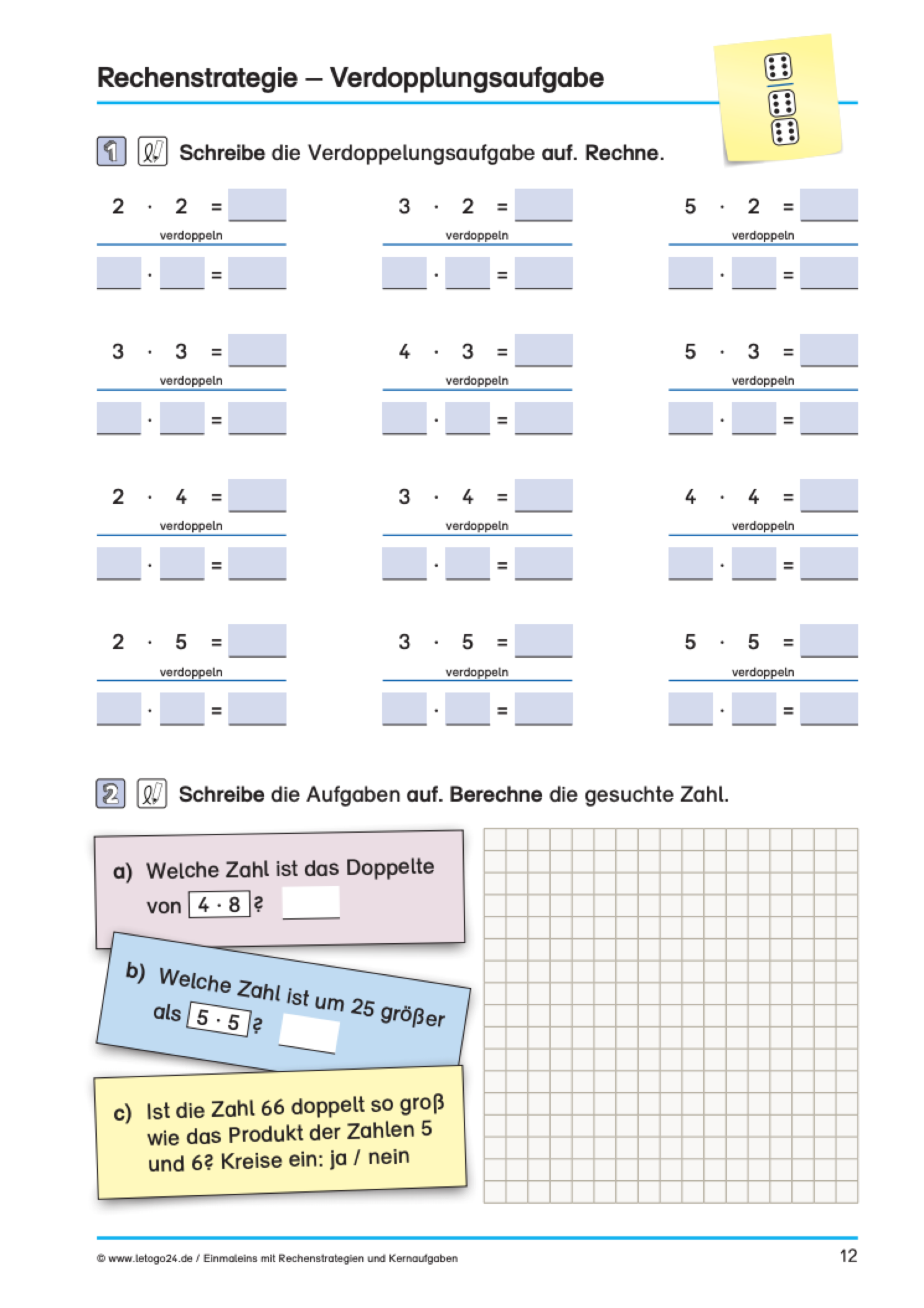 Arbeitsblatt mit Verdopplungsaufgaben zum kleinen Einmaleins aus dem E-Book: `Einmaleins mit Rechenstrategien und Kernaufgaben`. In unteren Teil des Arbeitsblattes befinden sich drei Textaufgaben.