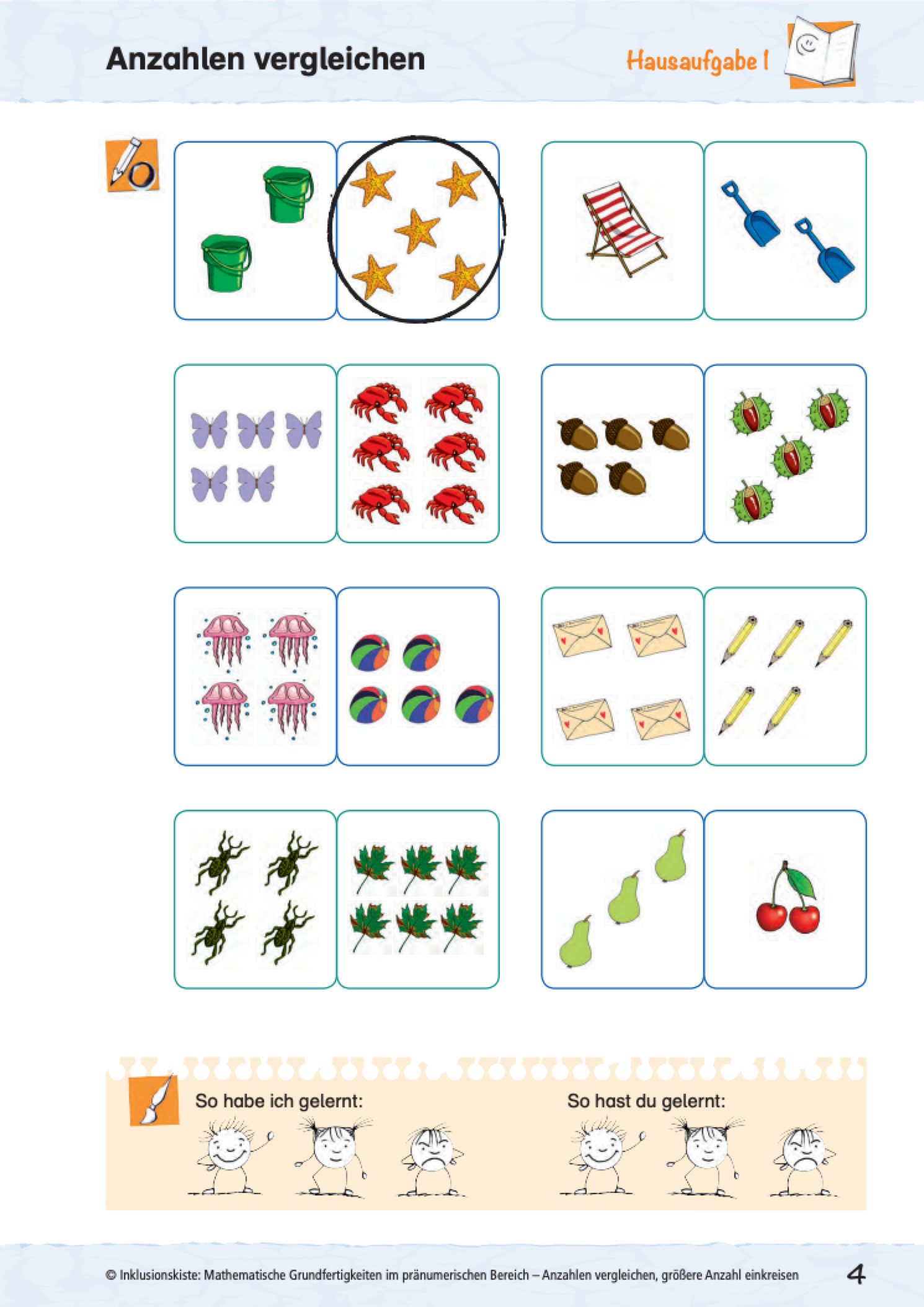 Arbeitsblatt für Grundschüler mit farbigen Mengenbildern zum Anzahlvergleich