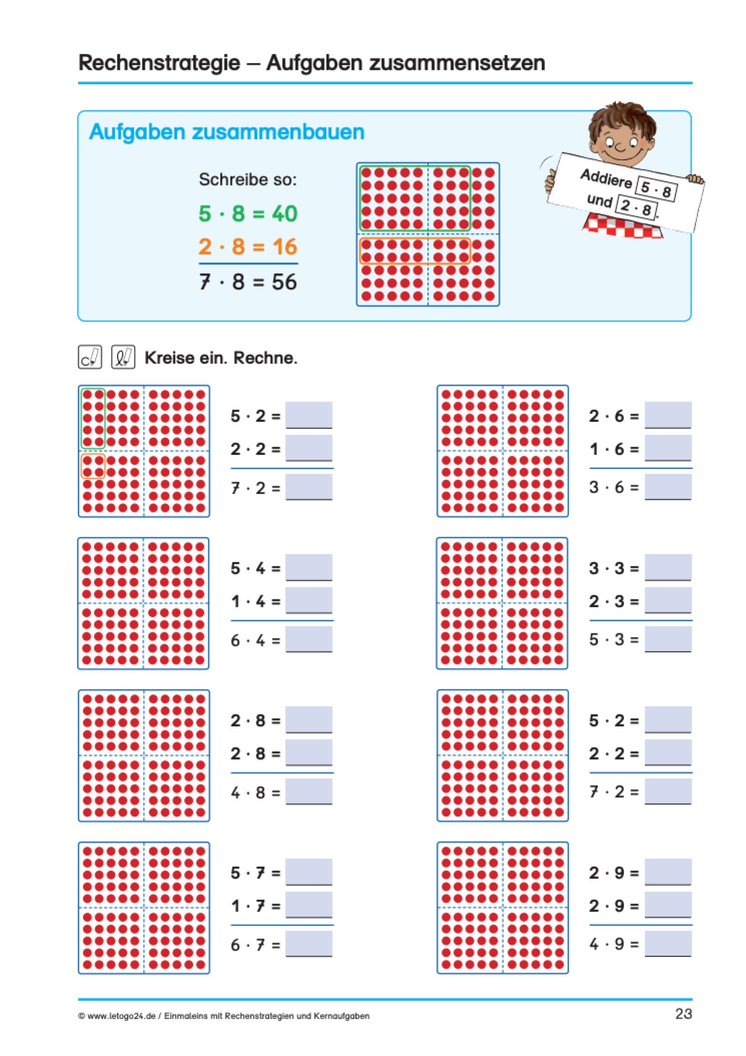 Arbeitsblatt zum Zusammenbauen schwieriger Malaufgaben mit Kernaufgaben und Hunderterfelddarstellungen zum Visualisieren.