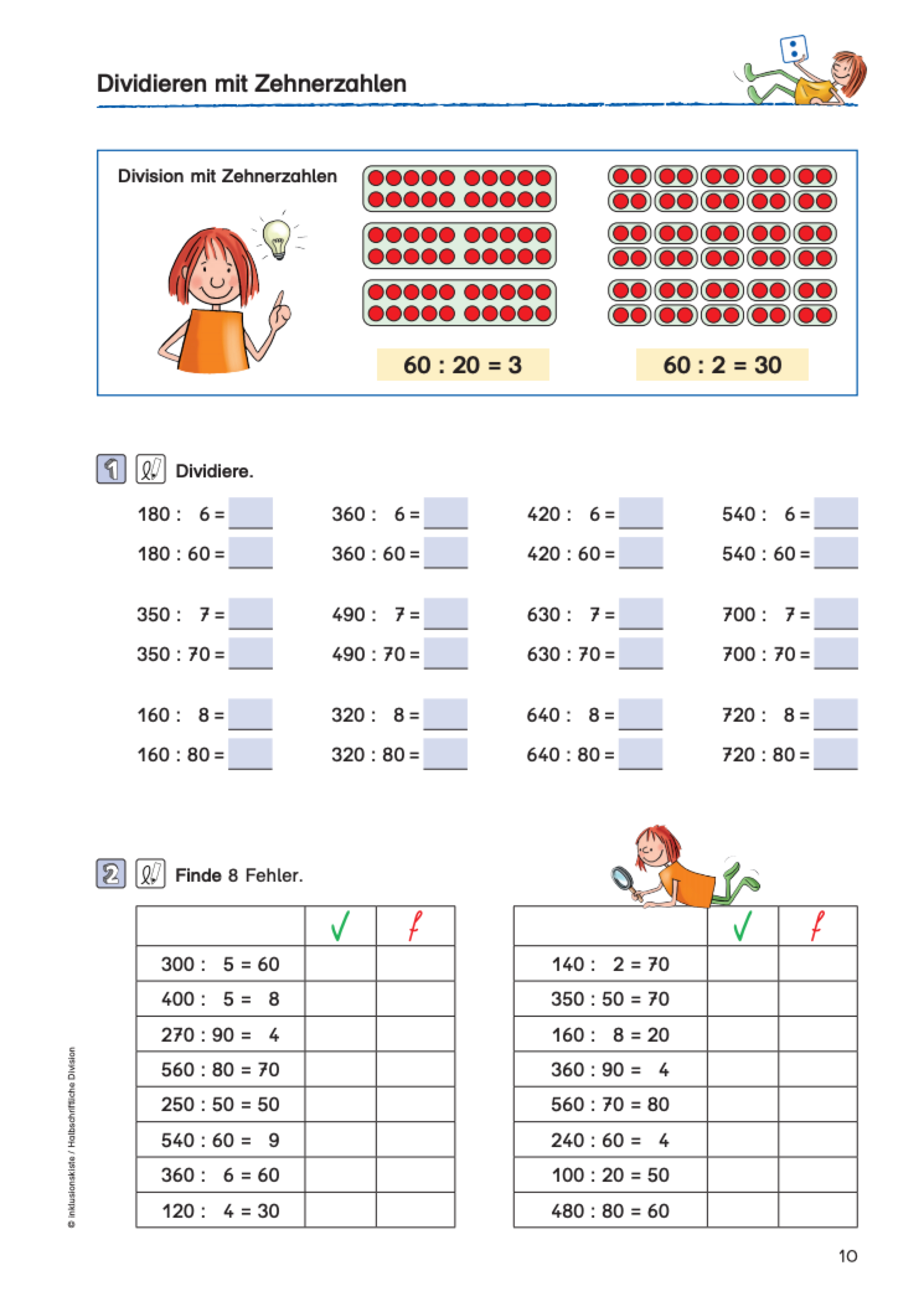 Arbeitsblatt mit Punktmengen und Aufgaben zur Division mit Zehnerzahlen von Letogo24.