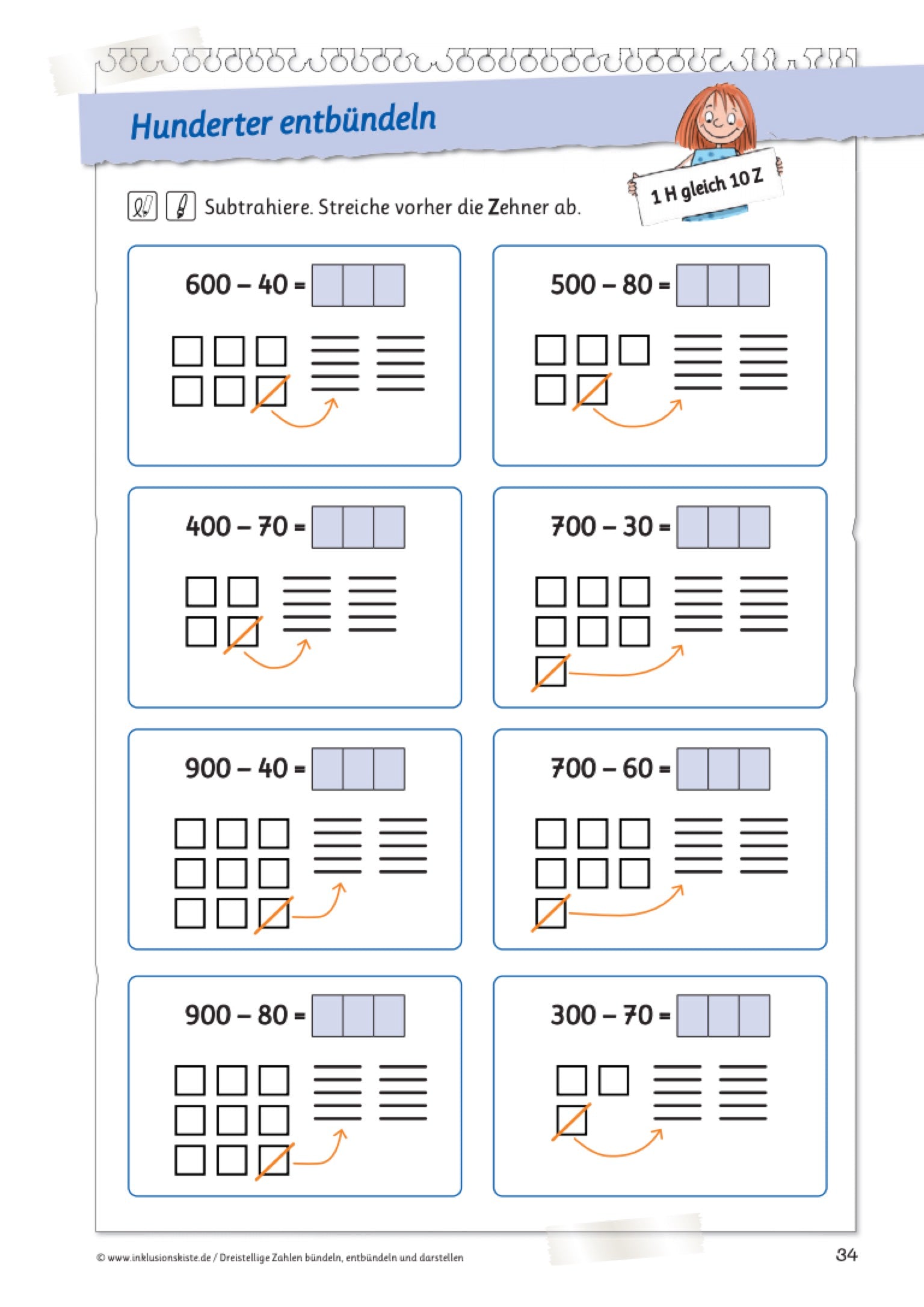 Aufgabenblatt mit visualisierten Minunsaufgaben zum Entbündeln von Hunderterzahlen