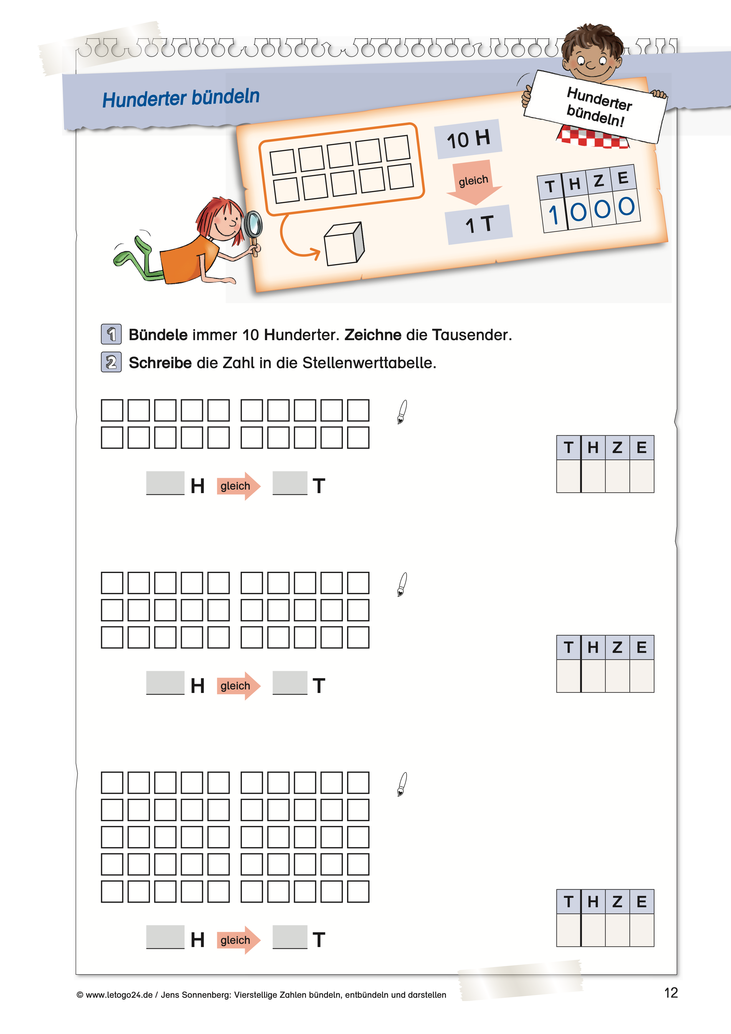 Anschauliches Arbeitsblatt mit Hunderterdarstellungen zum Bündeln und Eintragen in einer Stellenwerttafel. Oben befindet sich ein Merkkasten, im dem das Bündelungsprinzip dargestellt ist.