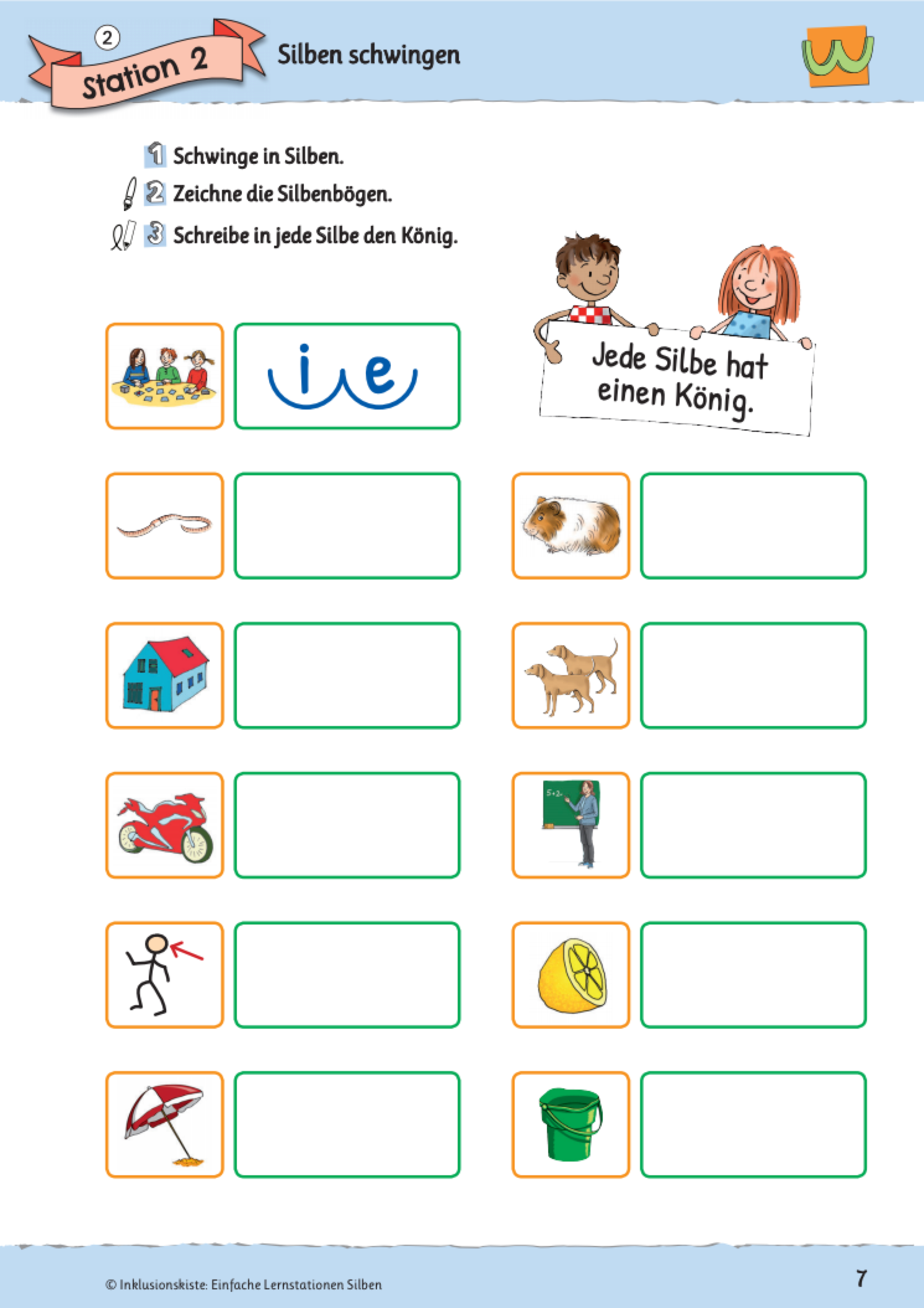 Arbeitsblatt des Materialpaketes: `Phonologische Bewusstheit` mit Übungen zum Silbenschwingen und Grafiken