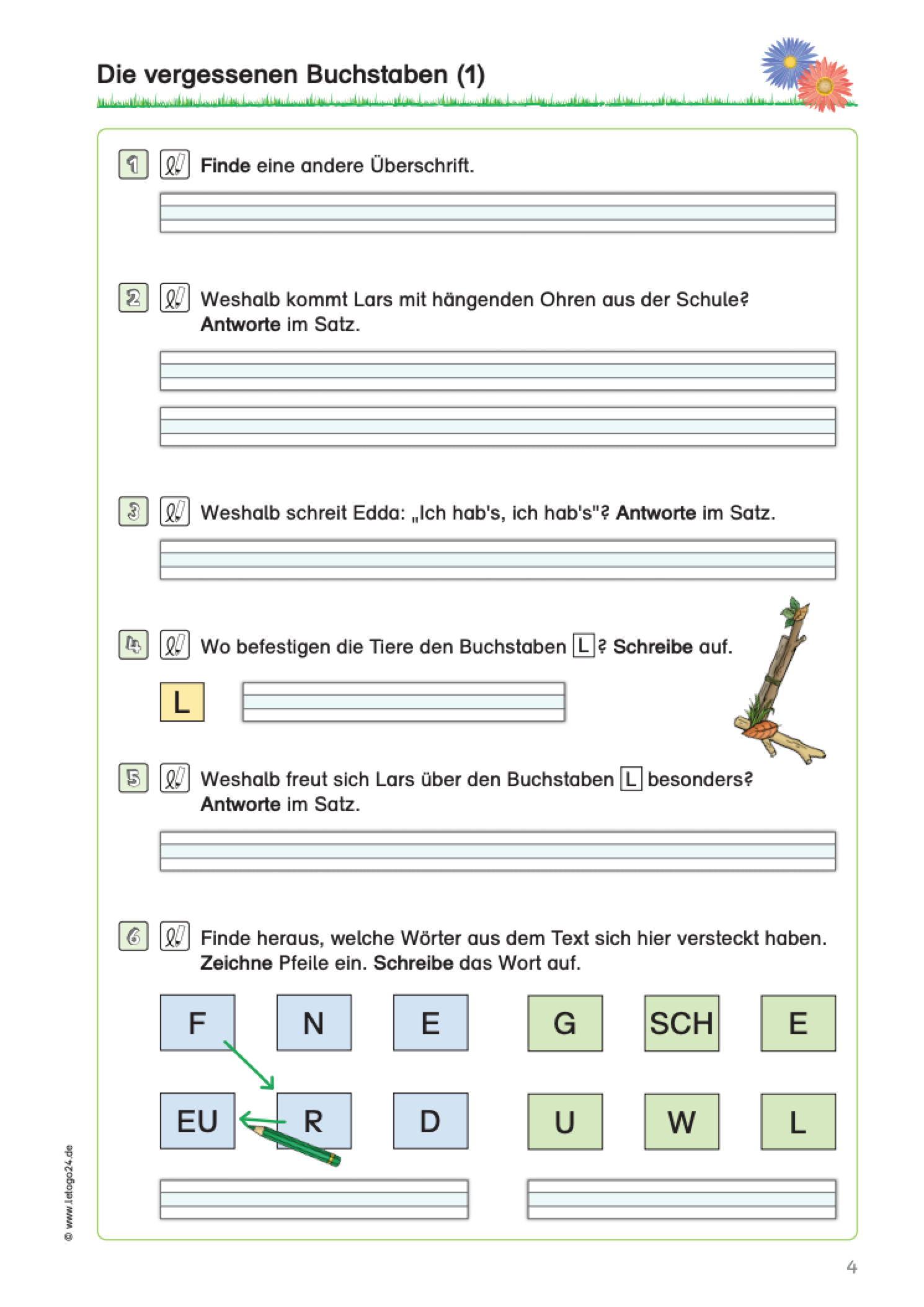 Arbeitsblatt zur Sinnerfassung mit Fragen zum Text und Schreiblinien zur Beantwortung