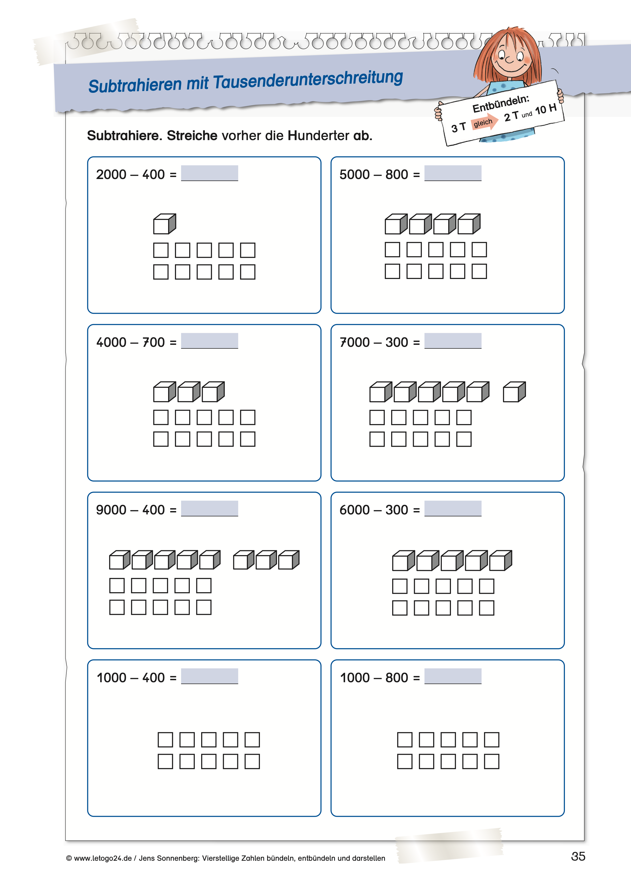 Arbeitsblatt aus dem E-Book: "Vierstellige Zahlen bündeln, entbündeln und darstellen". Das Arbeitsblatt zeigt acht anschaulich darstellte Subtraktionsaufgaben (T-H). Der Fokus liegt auf der Entbündelung der Tausenderstelle, die hier bereits dargestellt wird.