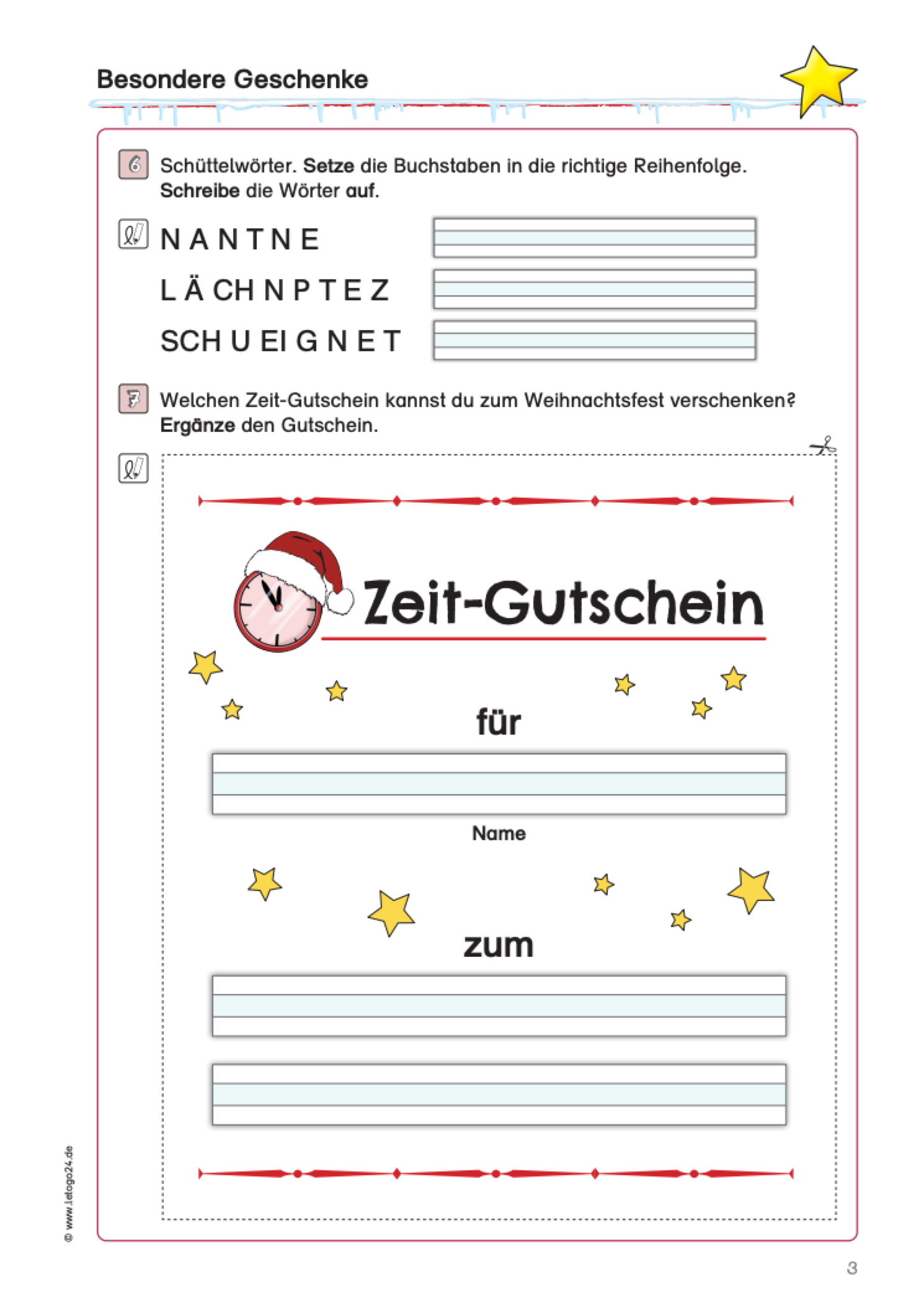 Aufgabenblatt für Grundschüler zum Lesetext: `Besondere Geschenke` mit Schüttelwörtern und einem Blanko-Zeit-Gutschein zum Ausfüllen.
