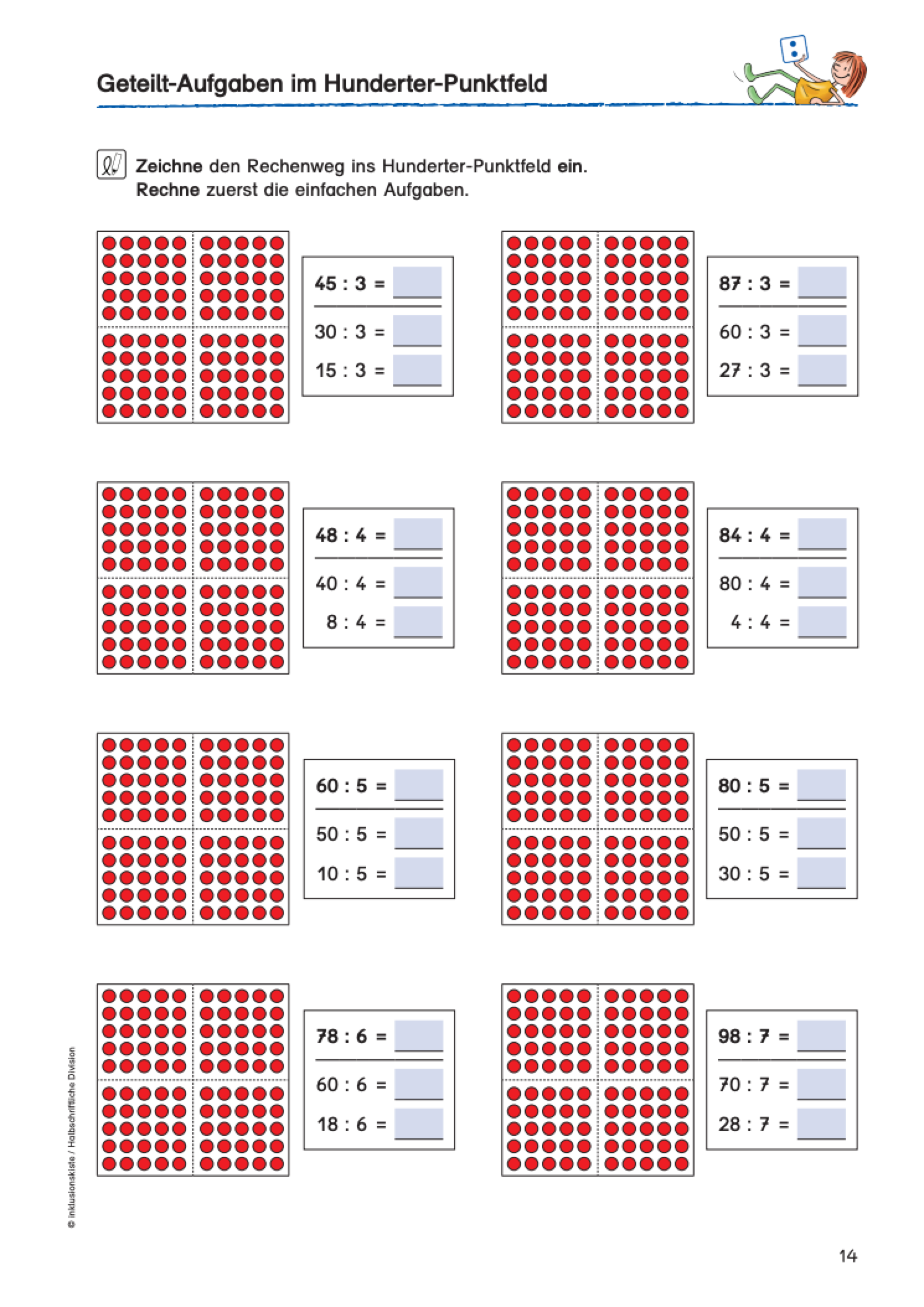 Lernmaterial mit Geteiltaufgaben im Hunderter-Punktfeld