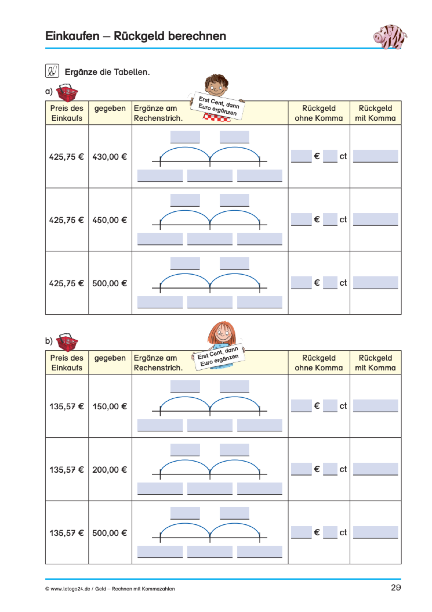 Arbeitsblatt von Letogo24 mit Rechenaufgaben zum Berechnen des Rückgeldes visualisiert mithilfe des Rechenstriches.