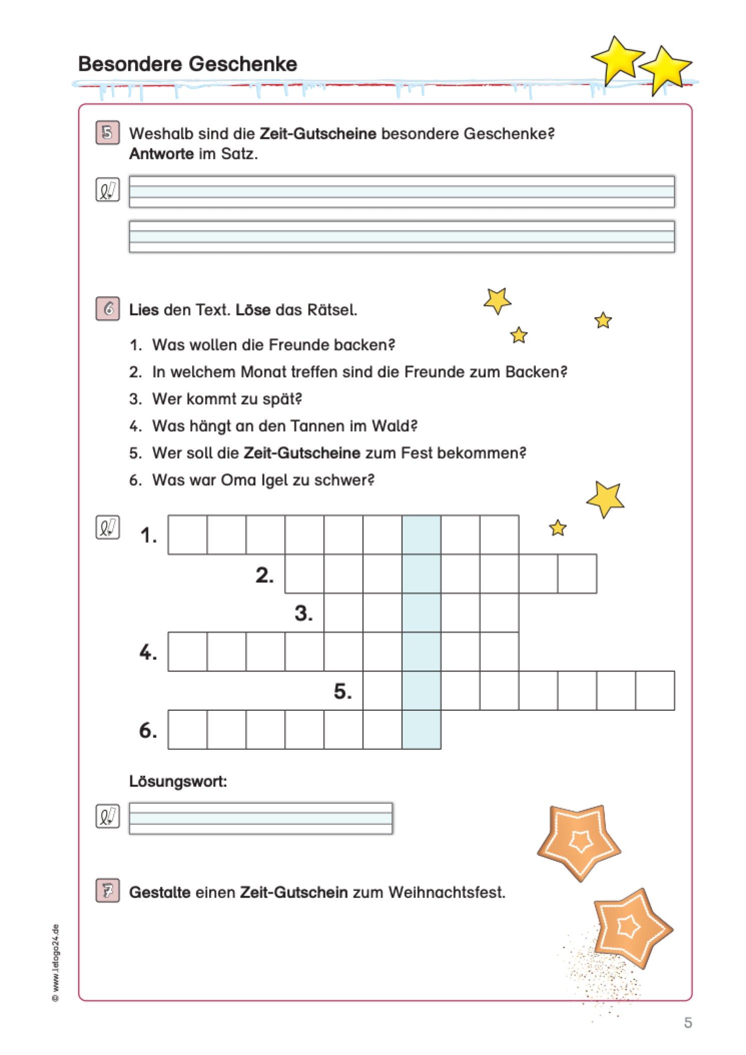 Aufgabenblatt für Grundschüler zum Lesetext: `Besondere Geschenke` mit Fragen zum Text und einem Rätsel. Kleine gelbe Sterne und zwei Lebkuchenherzen schmücken das Arbeitsblatt.