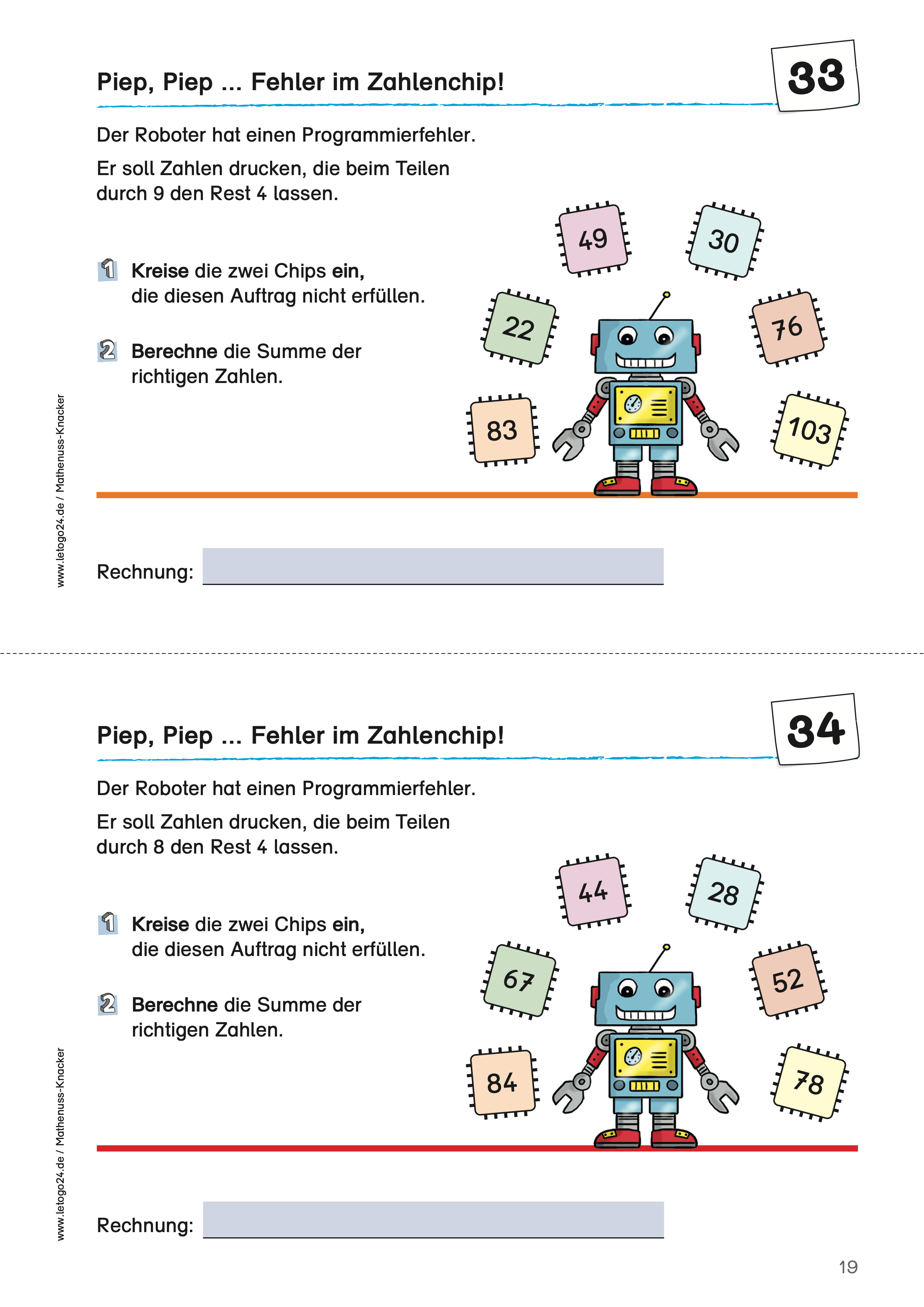 Aufgabenblatt_zum_Thema_Division_mit Rest mit einer Roboter-Grafik um die Zahlenchips fliegen.