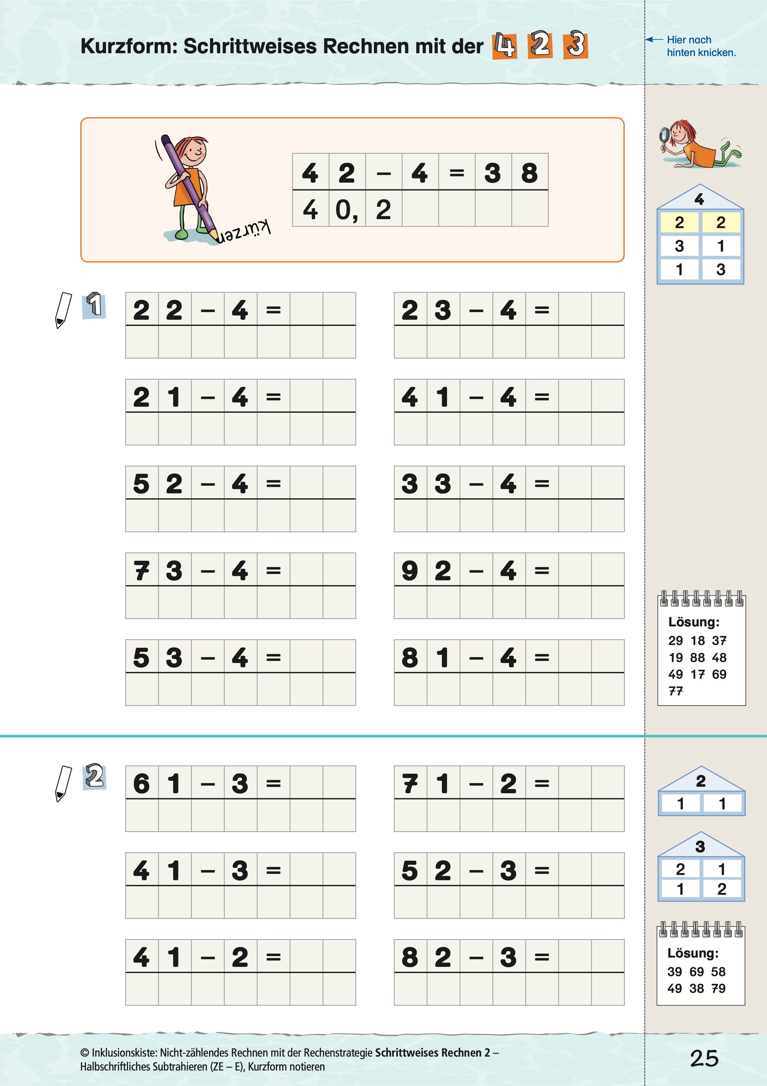Arbeitsblatt mit Aufgaben zum schrittweisen Subtrahieren einstelliger Zahlen im kurzen Rechenweg. Am Rand sind das Zahlenhaus mit den zu den Aufgaben gehörenden Zerlegungen sowie die Lösungen abgebildet.