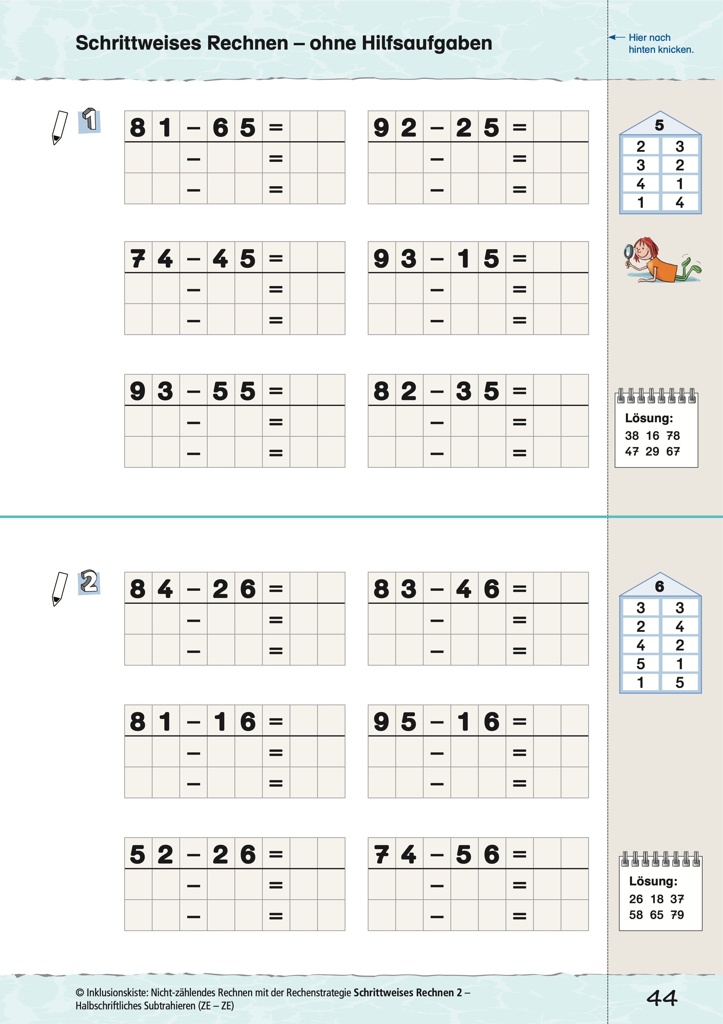 Arbeitsblatt mit Aufgaben zum schrittweisen Subtrahieren zweistelliger Zahlen im langen Rechenweg. Am Rand sind das Zahlenhaus mit den zu den Aufgaben gehörenden Zerlegungen sowie die Lösungen abgebildet.