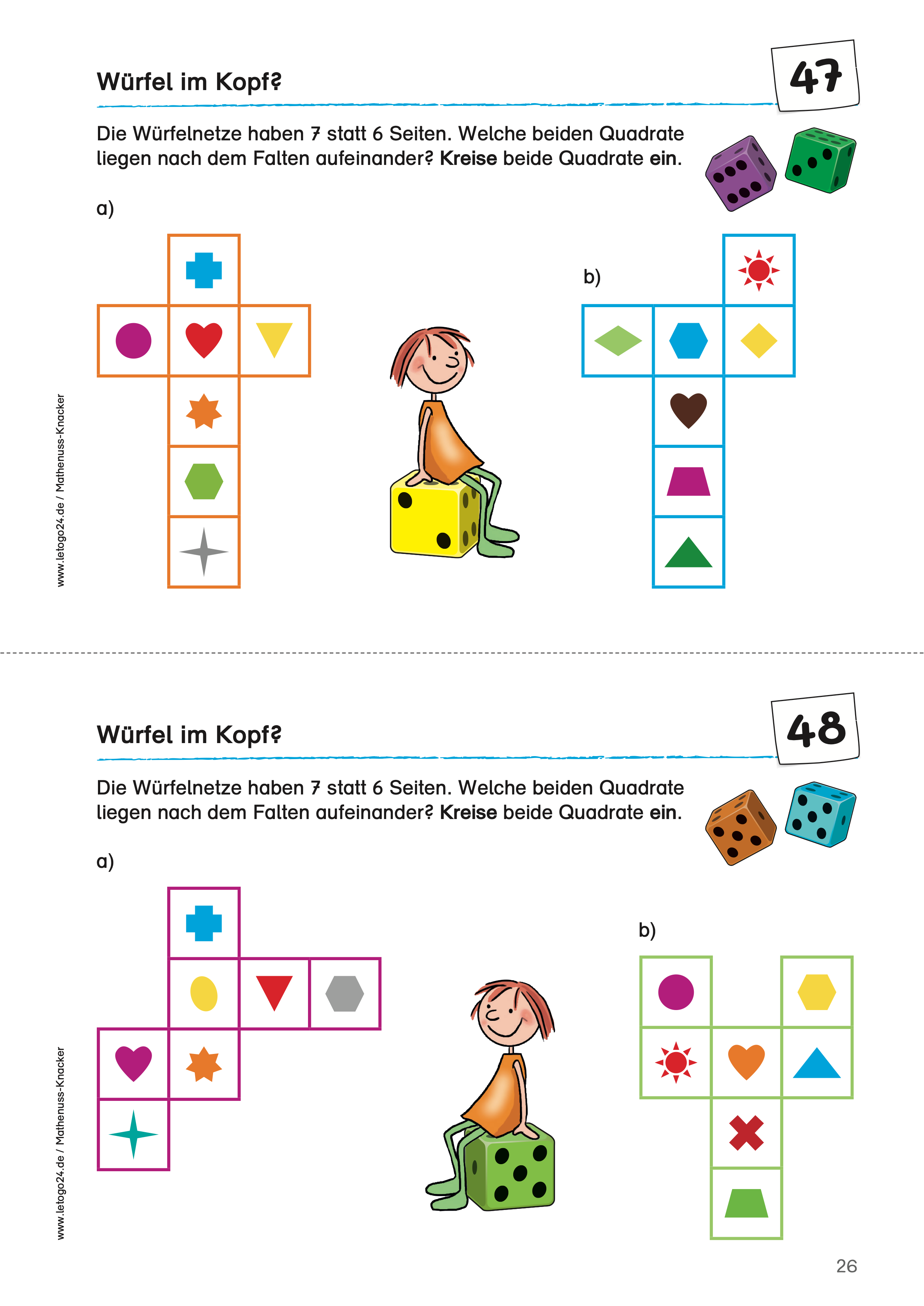 Ein Arbeitsblatt des E-Books `Mathenuss-Knacker`. Es zeigt Würfelnetze mit sieben Seiten, statt der üblichen sechs. Die Schüler*innen sollen herausfinden, welche zwei Quadrate nach dem Falten übereinanderliegen, und sie einkreisen. Jedes Würfelnetz enthält verschiedene geometrische Formen und Symbole zur visuellen Unterstützung.