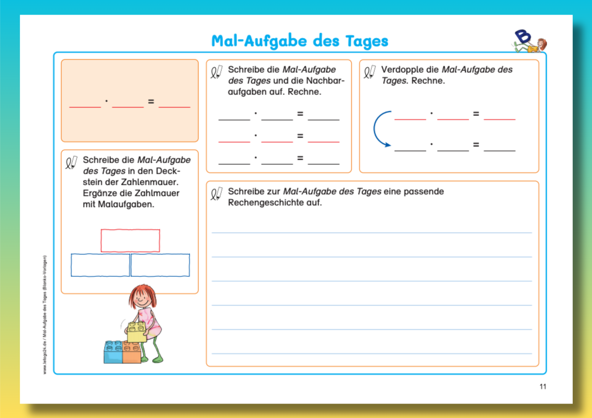 Blanko-Arbeitsblatt B mit der Mal-Aufgabe des Tages mit diversen Aufgabenstellungen und eine Abbildung eines Kindes, das eine Zahlenmauer baut.