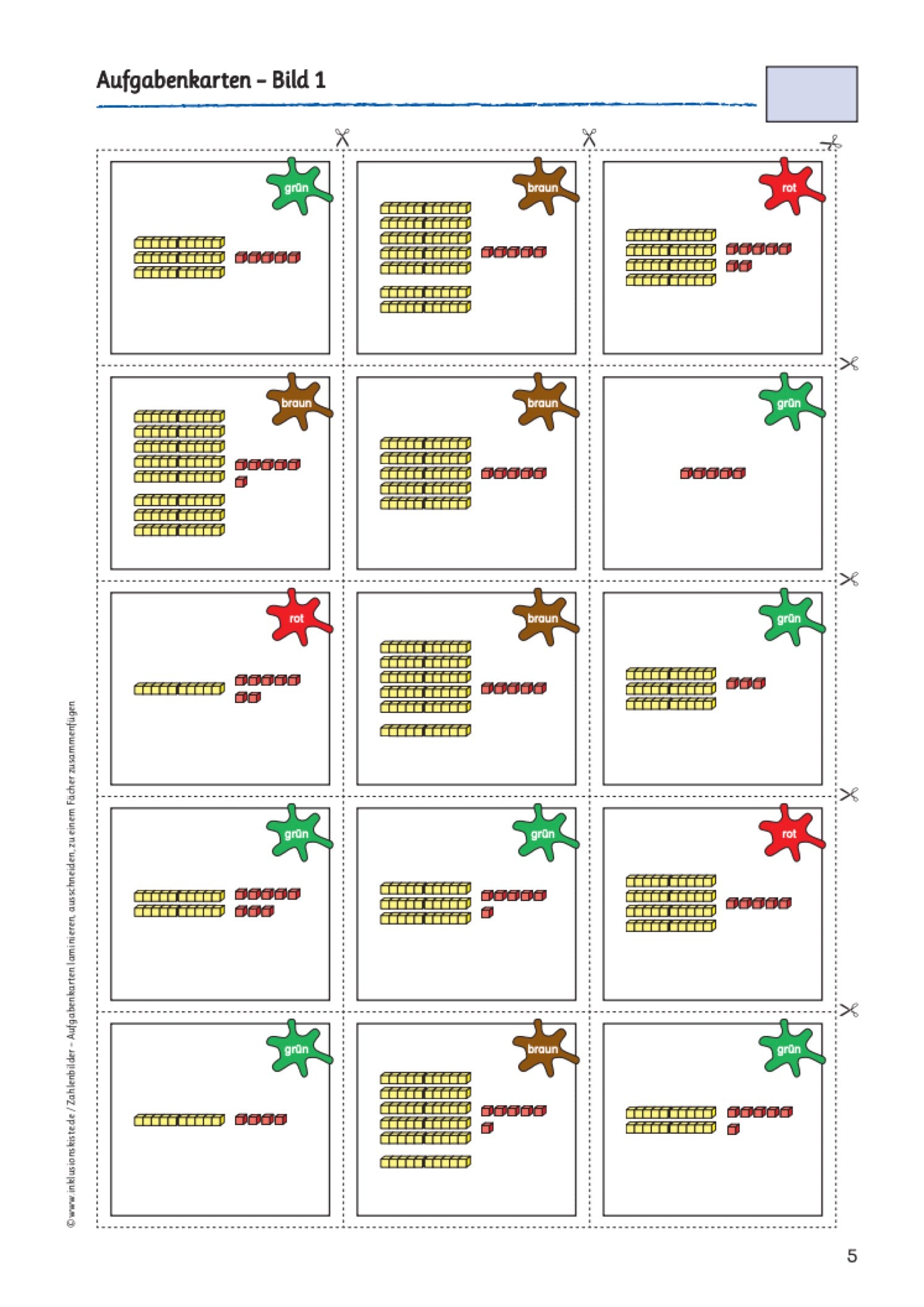 Aufgabenkarten bestehend aus 15 kleinen Karten mit Einer- und Zehnerbild-darstellungen zum Übertragen der Zahlen in die Blanko-Hundertertafel.