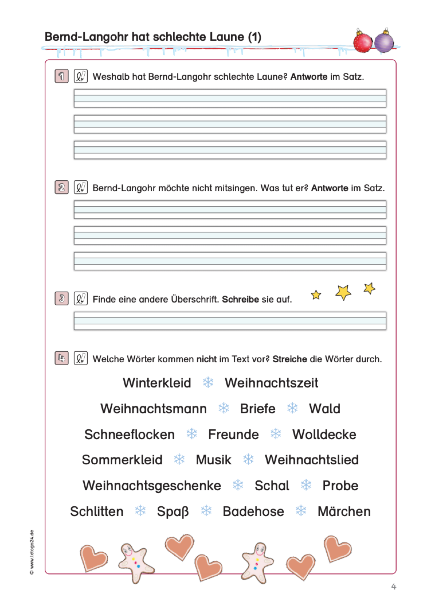 Aufgabenseite zum Lesetext: Bernd-Langohr hat schlechte Laune mit Fragen zur Sinnerfassung und Schreibzeilen