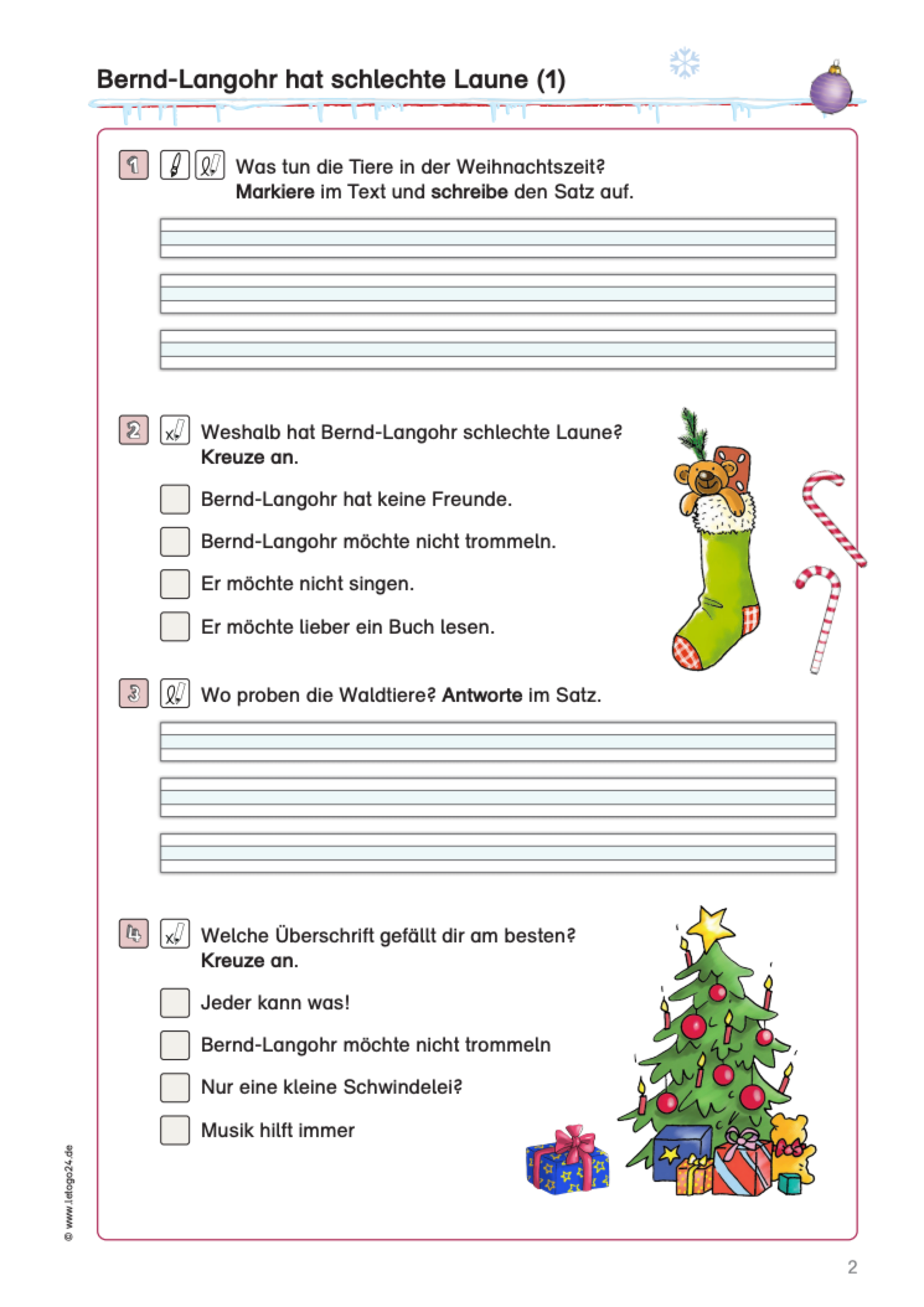 Aufgabenseite zum Lesetext: `Bernd-Langohr hat schlechte Laune` mit vier Fragen zum Text und Schreibzeilen zur Beantwortung. Zwei weihnachtliche Grafiken schmücken das Arbeitsblatt.