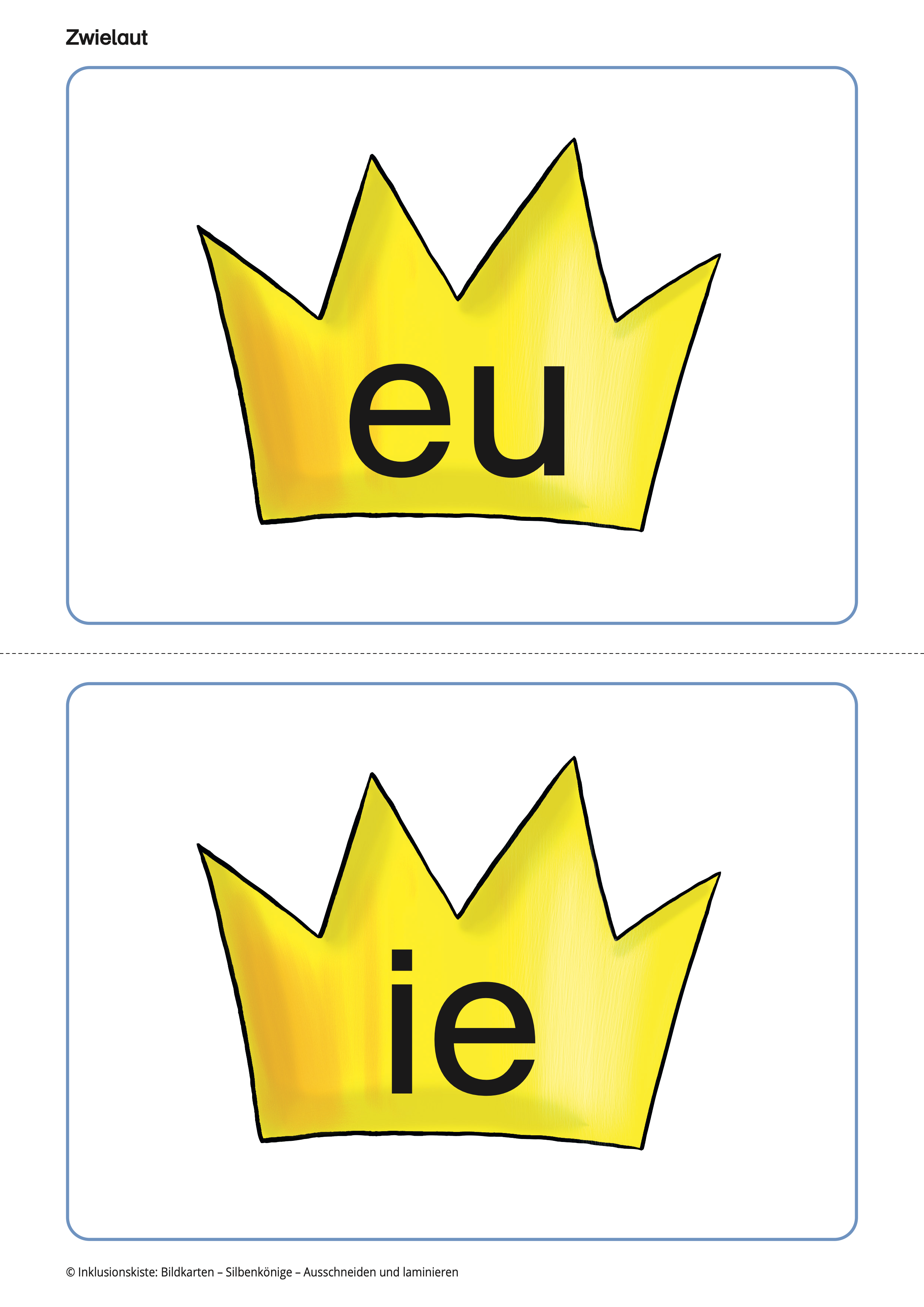 Bildkarte mit zwei gelben Silbenkronen. In der oberen Krone steht der Umlaut ‚eu‘, in der unteren ‚ie‘. Die Karte stammt aus dem E-Book ‚Bildkarten Silbenkönige‘