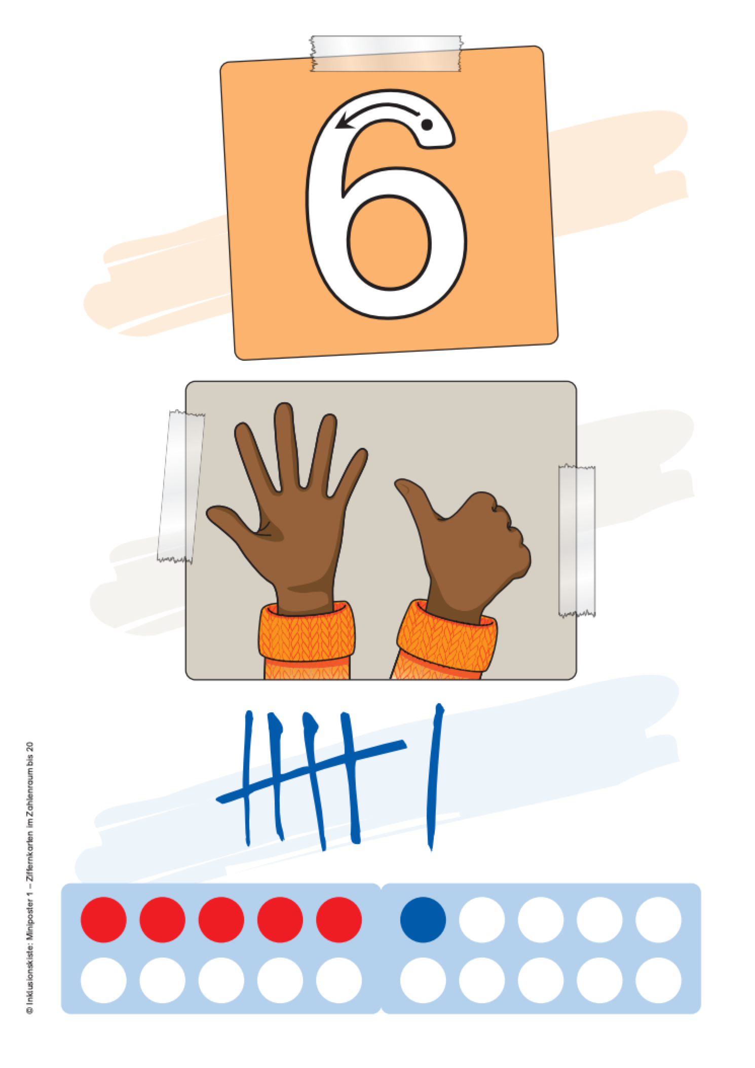 Bildkarte mit der Zifferndarstellung 6 aus dem E-Book: `Miniposter 1 – Ziffernkarten im Zahlenraum bis 20`. Abgebildet sind drei Darstellungsformen der Zahl 6: mit Finger-, Strich- und Punktbild.