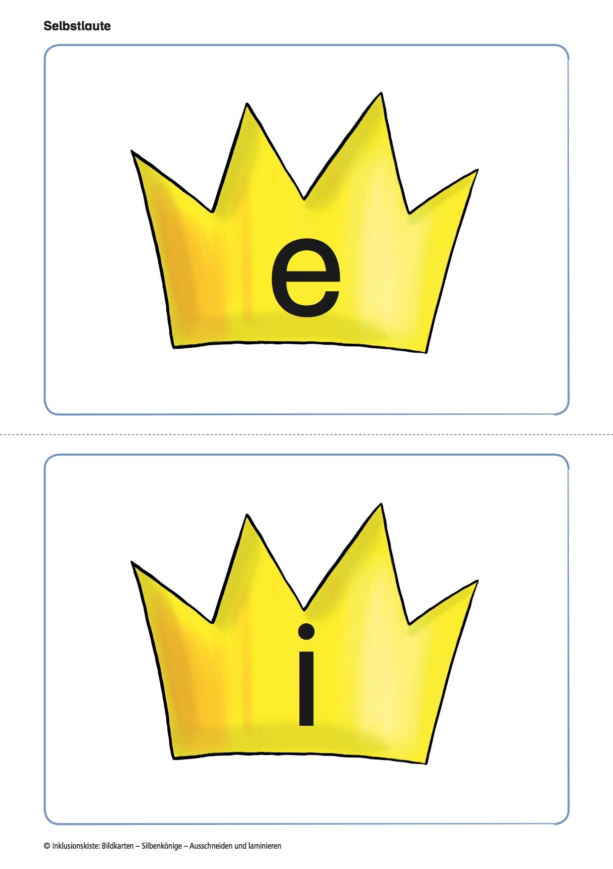 Bildkarten aus dem Materialpaket: `Phonologische Bewusstheit` mit zwei Silbenkronen inkl. der Silbenkönige e und i
