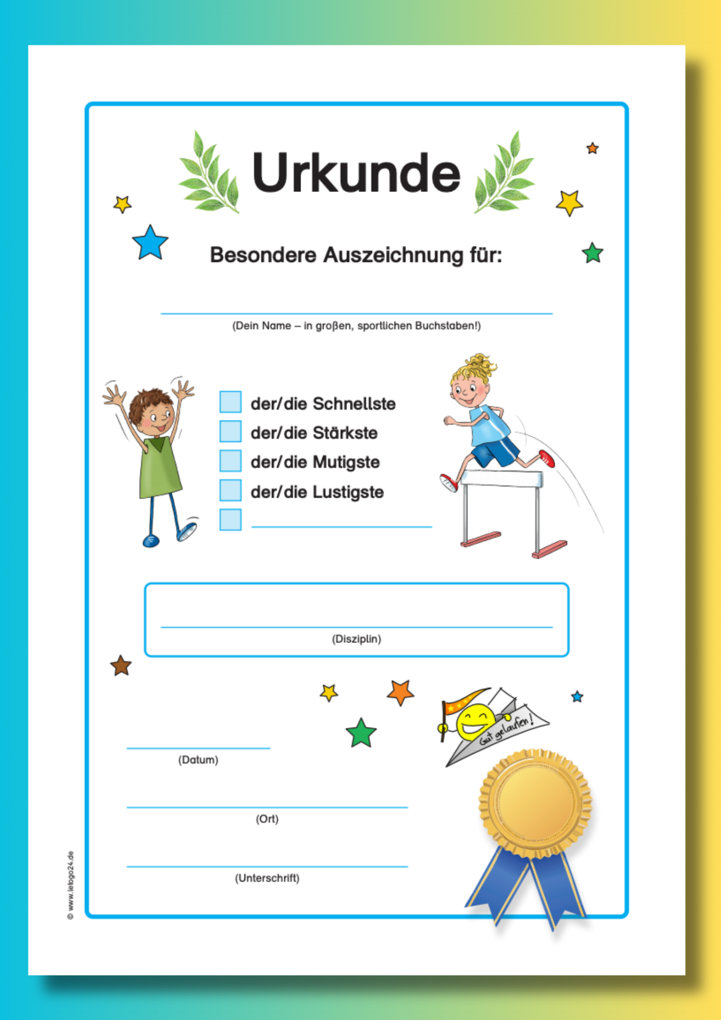 Die blau umrandete Urkunde für besondere Auszeichnungen von Letogo24 zeigt zwei Kinder: Ein Mädchen springt leicht über eine Hürde, und ein Junge jubelt ihr zu. Unten rechts befindet sich ein goldfarbenes Siegel.