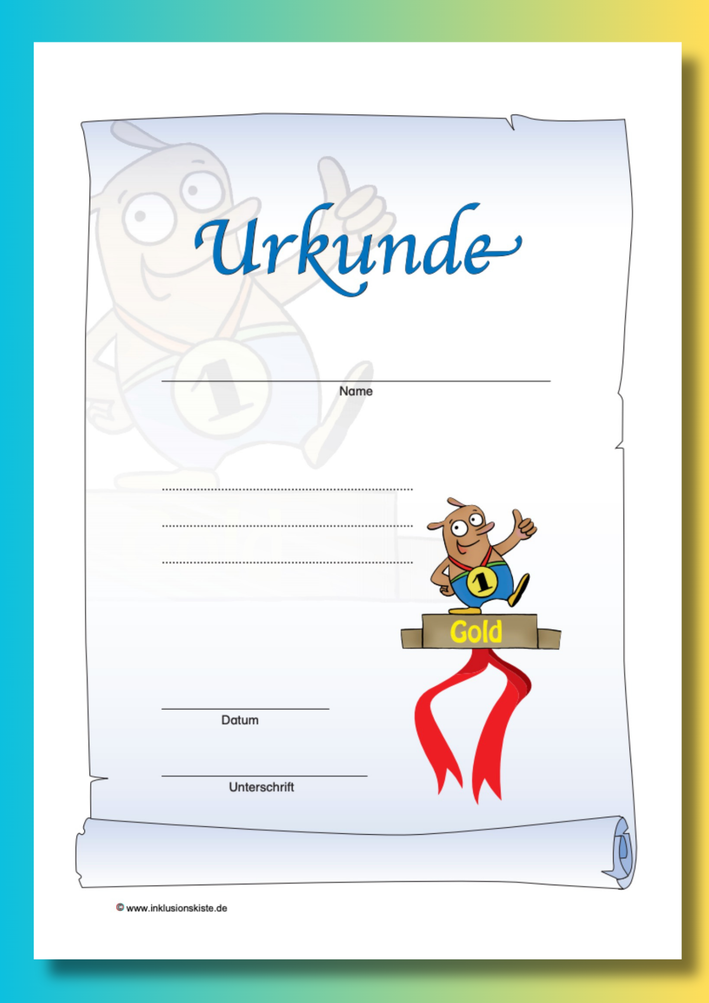 Blanko-Gold-Urkunde für Grundschüler. Unter dem Wort „Urkunde“ befinden sich Linien zum Eintragen des Namens sowie zum Beschreiben der Leistung oder einer besonderen Wertschätzung. Daneben steht eine kindliche Fantasiefigur in Siegerpose auf der ersten Stufe eines Siegerpodests.