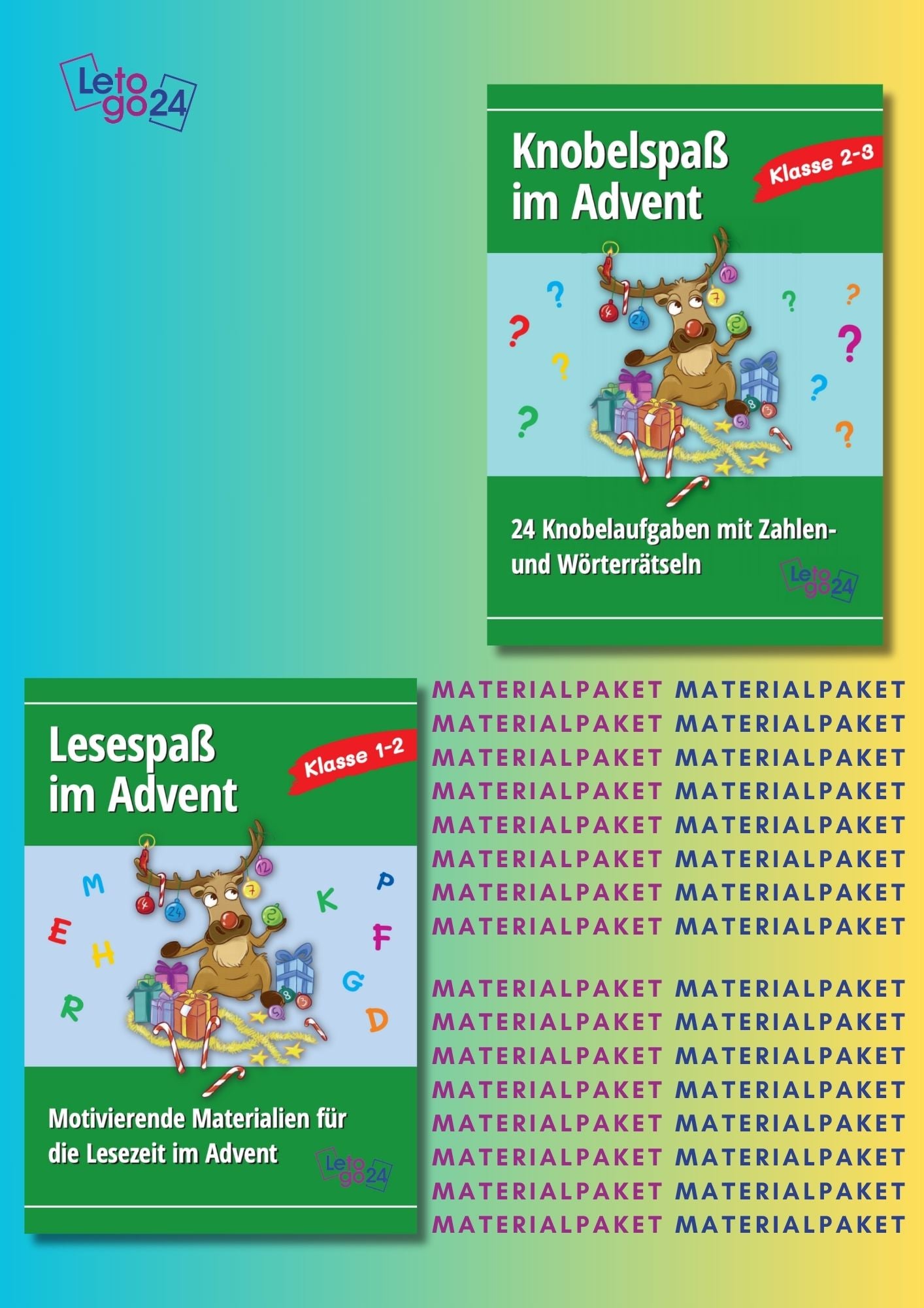 Cover des Materialpaketes: `Lesen und Knobeln im Advent`; zeigt zwei Abbildungen der enthaltenen E-Books.