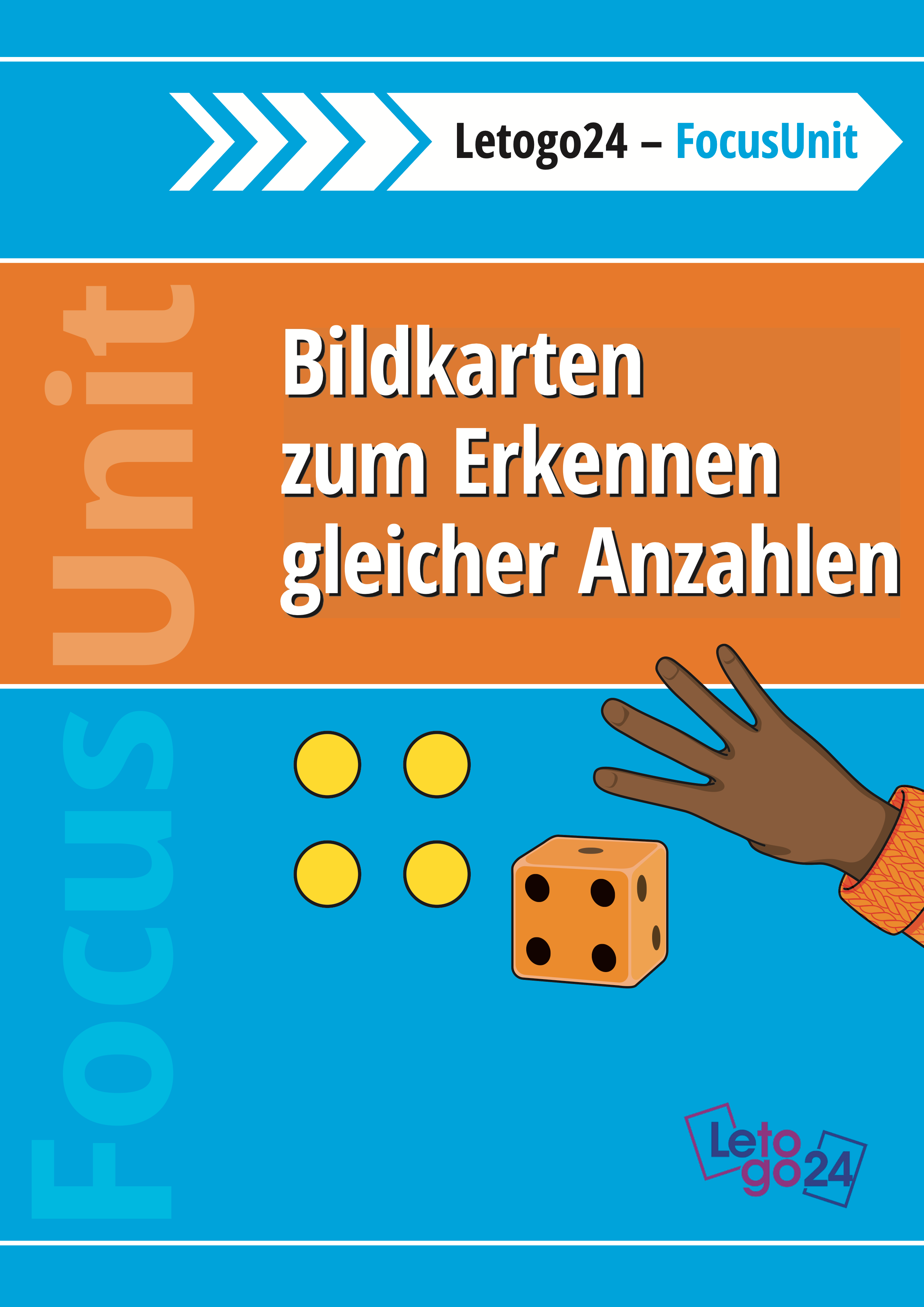 Cover eines Unterrichtsmaterials mit Bildkarten zum Erkennen gleicher Anzahlen. Abgebildet sind vier gelbe Punkte, ein Würfel mit vier Punkten und eine Hand mit vier ausgestreckten Fingern.