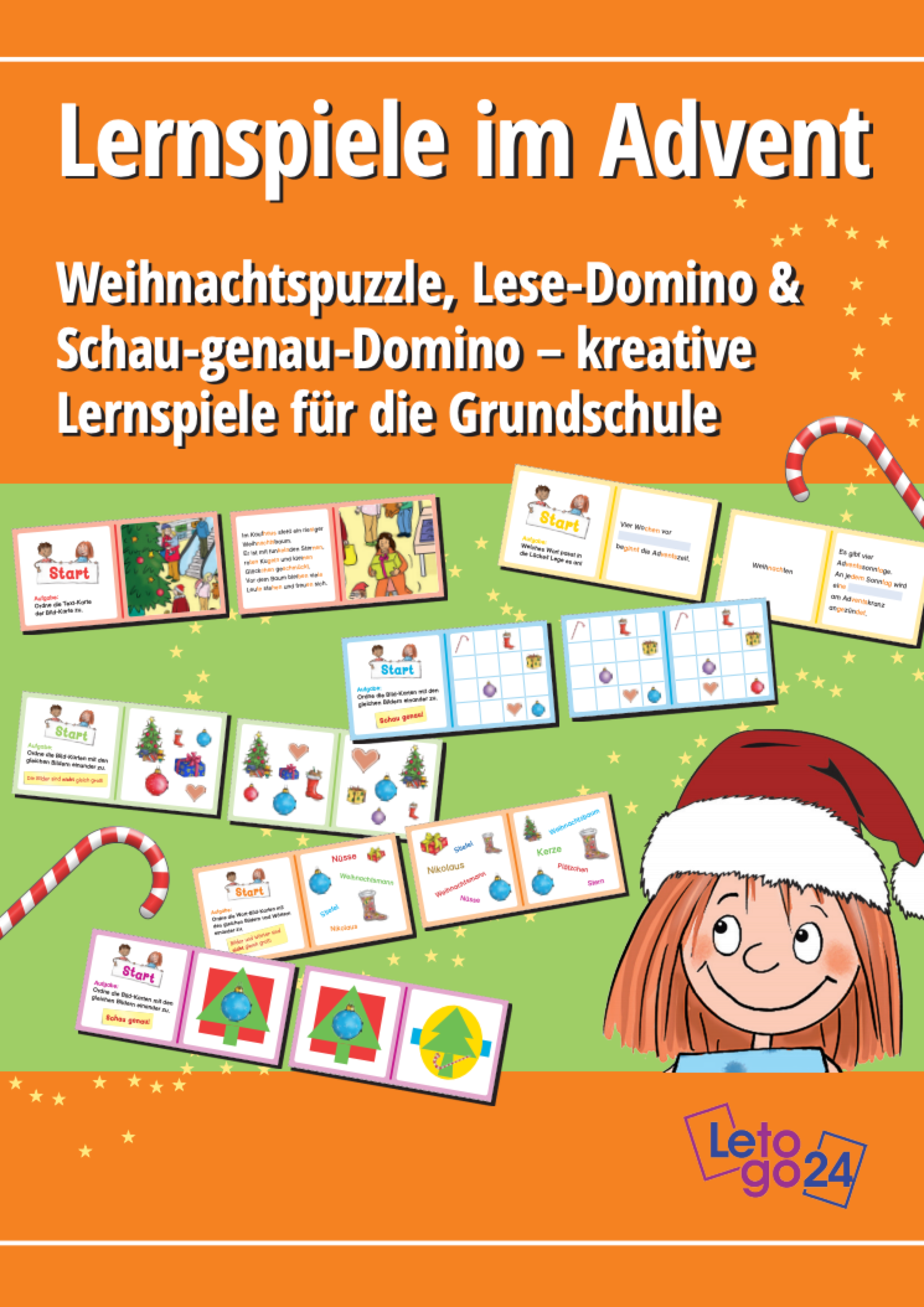 Cover des E-Book-Titels "Lernspiele im Advent" – kreatives Weihnachtsspiel für die Grundschule. Lernmaterial mit Weihnachtspuzzle, Lese-Domino und Schau-genau-Domino von Let’s go 24. Ideal für den Unterricht in der Adventszeit, mit liebevoll gestalteten Weihnachtsmotiven wie Tannenbaum, Geschenken und Sternen. Fördert Lesen, Konzentration und Beobachtung bei Grundschulkindern.