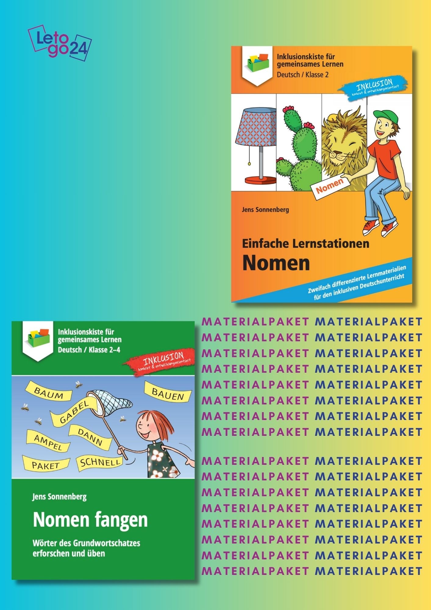 Cover des Materialpakets ‚Rund ums Nomen`; zeigt zwei Abbildungen der enthaltenen E-Books.