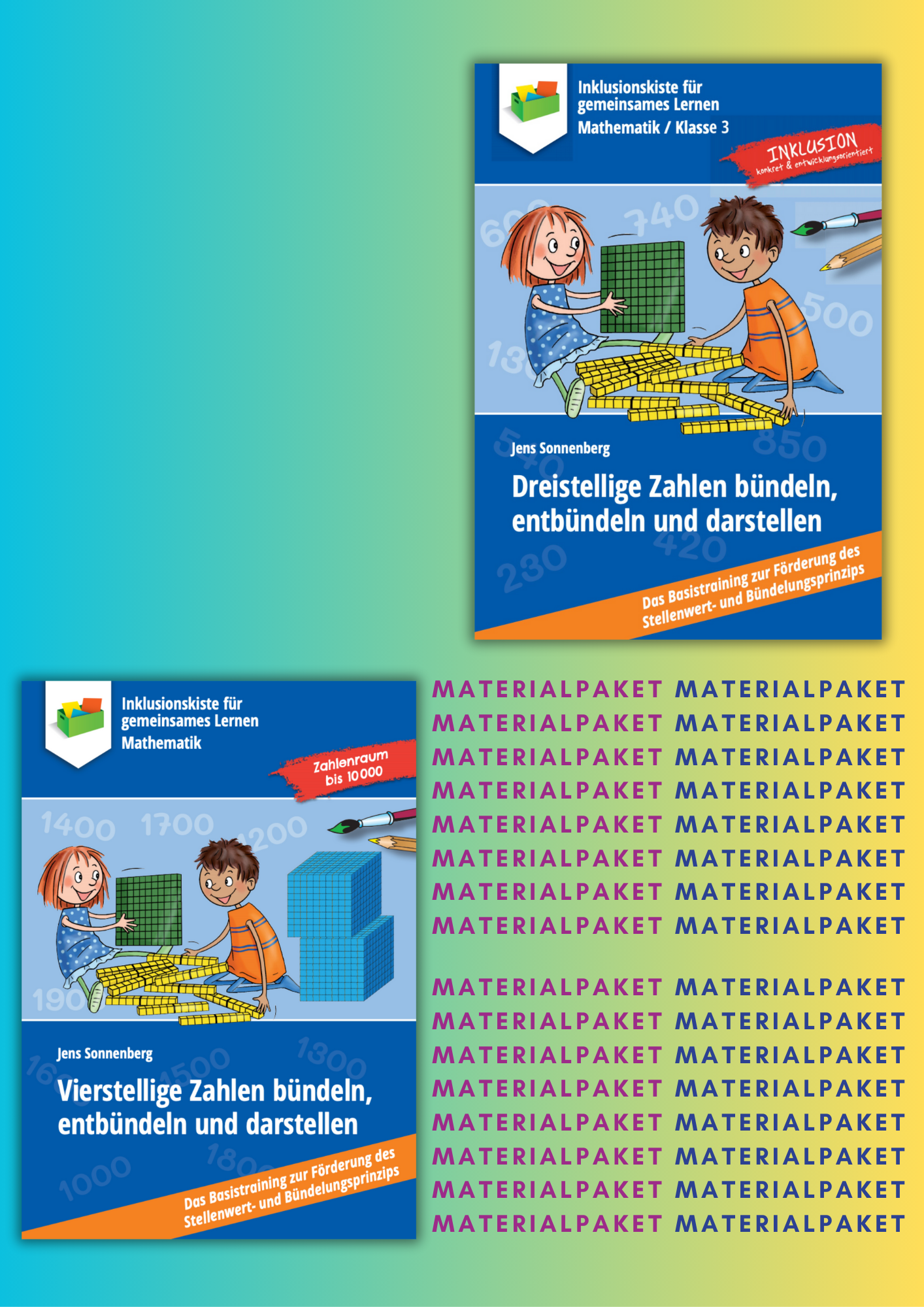 Cover eines Materialpakets für Grundschüler mit zwei farbenfrohen Abbildungen. Oben sitzen zwei Kinder auf dem Boden und arbeiten mit mathematischen Blöcken: Das Mädchen hält einen grünen Hunderterblock, vor dem Jungen liegen mehrere gelbe Zehnerstangen. Unten ist eine ähnliche Szene zu sehen: Die beiden Kinder interagieren erneut mit den Blöcken, das Mädchen mit einem grünen Hunderterblock, der Junge mit gelben Zehnerblöcken. Hinter ihm sind zwei gestapelte Tausenderwürfel zu sehen.