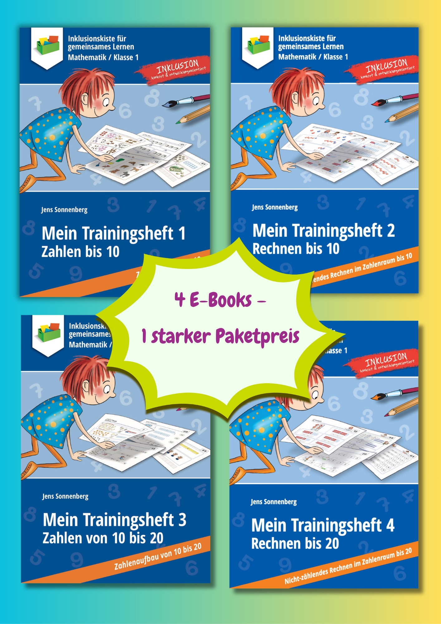 Cover des Materialpaketes: `Meine Trainingshefte 1 bis 4`; zeigt vier Abbildungen der enthaltenen E-Books.