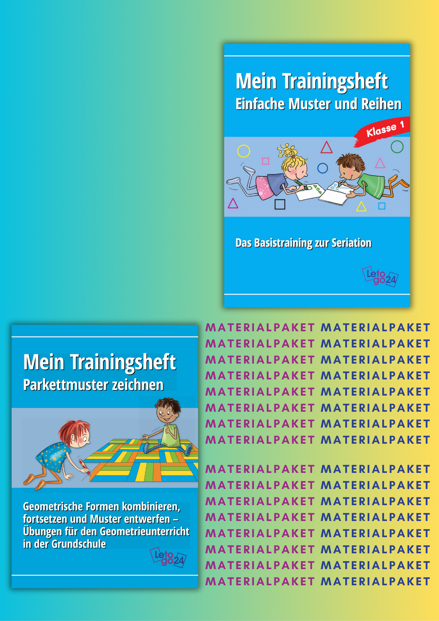 Cover eines Materialpakets für die Grundschule mit zwei farbenfrohen Trainingsheften. Oben: ‚Mein Trainingsheft – Einfache Muster und Reihen, Klasse 1. Das Basistraining zur Seriation‘ mit zwei Kindern, die lachend auf dem Bauch liegen und Muster zeichnen. Unten: ‚Mein Trainingsheft – Parkettmuster zeichnen. Geometrische Formen kombinieren, fortsetzen und Muster entwerfen – Übungen für den Geometrieunterricht in der Grundschule‘, illustriert mit zwei Kindern, die ein buntes geometrisches Muster legen. Recht