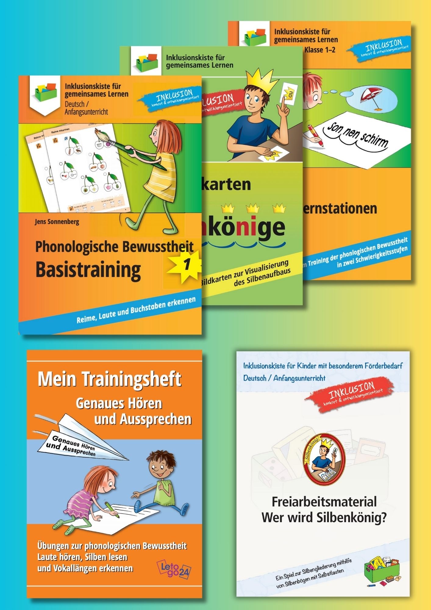 Cover des Materialpaketes: `Phonologische Bewusstheit 1` mit fünf darin enthaltenen Coverabbildungen.