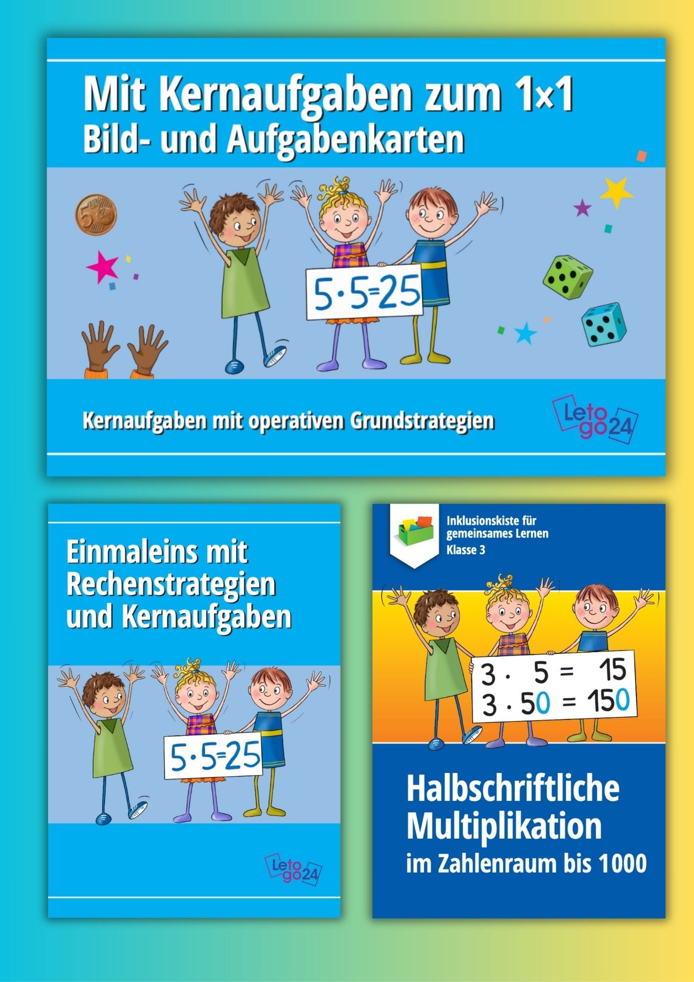 Auf dem Cover des Materialpaketes befinden sich drei farbenfrohe Cover von Lernmaterialien für den Mathematikunterricht der Grundschule. Auf allen Covern sind gezeichnete Kinder abgebildet, die fröhlich eine Rechenaufgabe präsentieren (z. B. 5·5=25). Die Titel heben mathematische Grundstrategien, Kernaufgaben sowie halbschriftliche Multiplikation hervor. Die Gestaltung ist kindgerecht mit bunten Symbolen wie Würfeln, Sternen und Münzen.