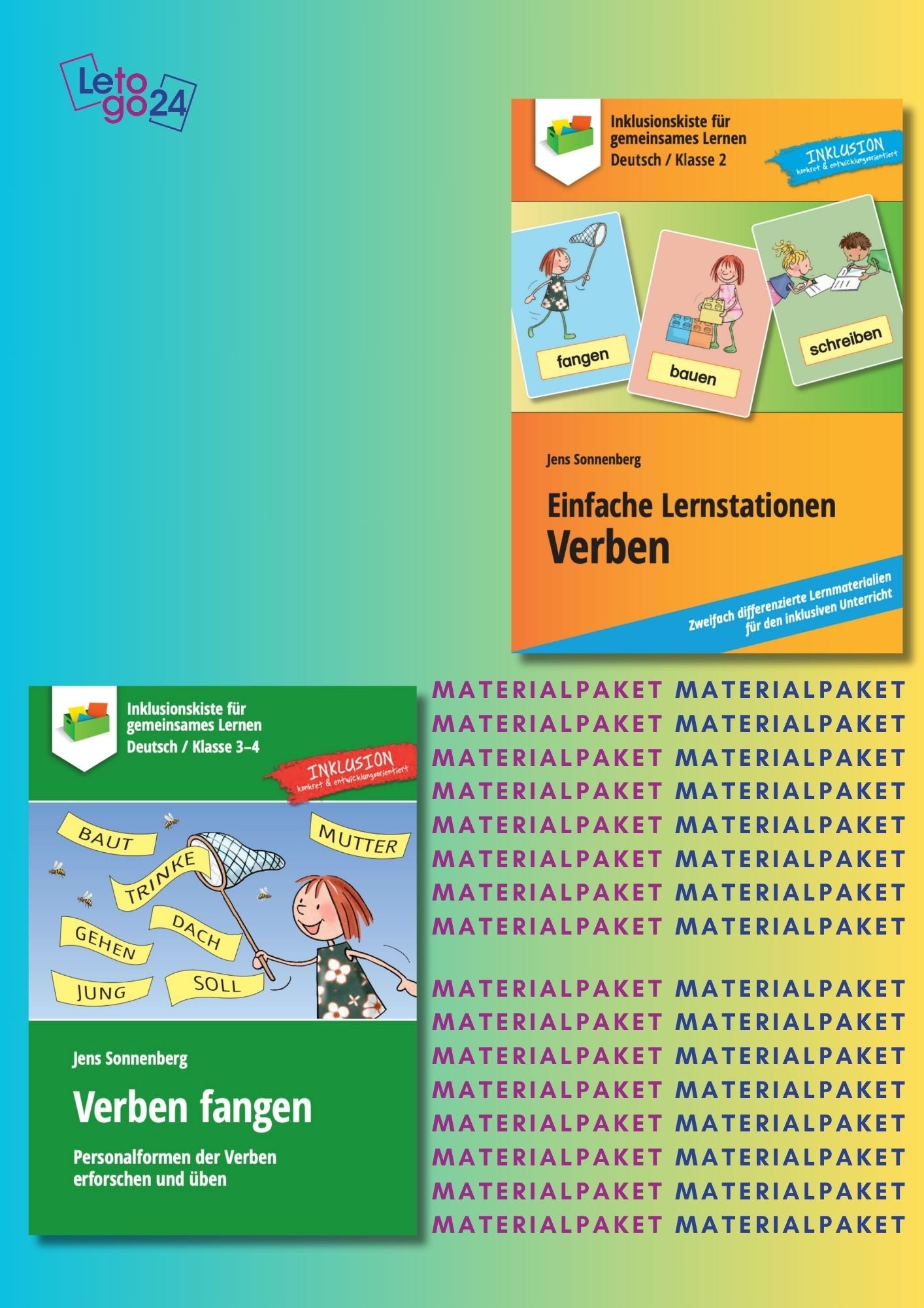 Cover des Materialpaketes für Grundschüler: `Rund ums Verb` mit zwei im Paket enthaltenen E-Bookcovern.