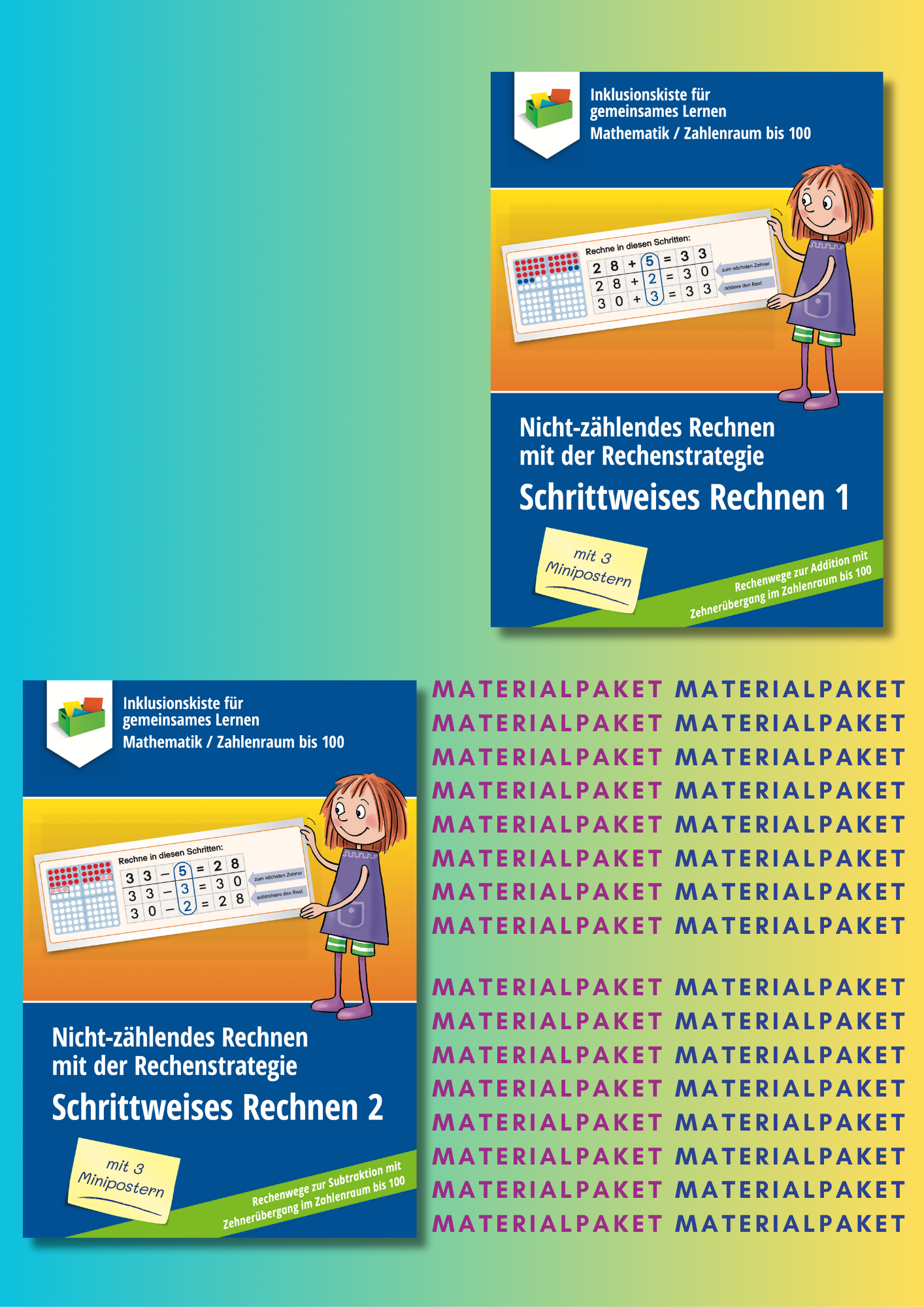 Cover des Materialpaketes: "Schrittweise Rechnen" mit zwei im Paket enthaltenen Covern.